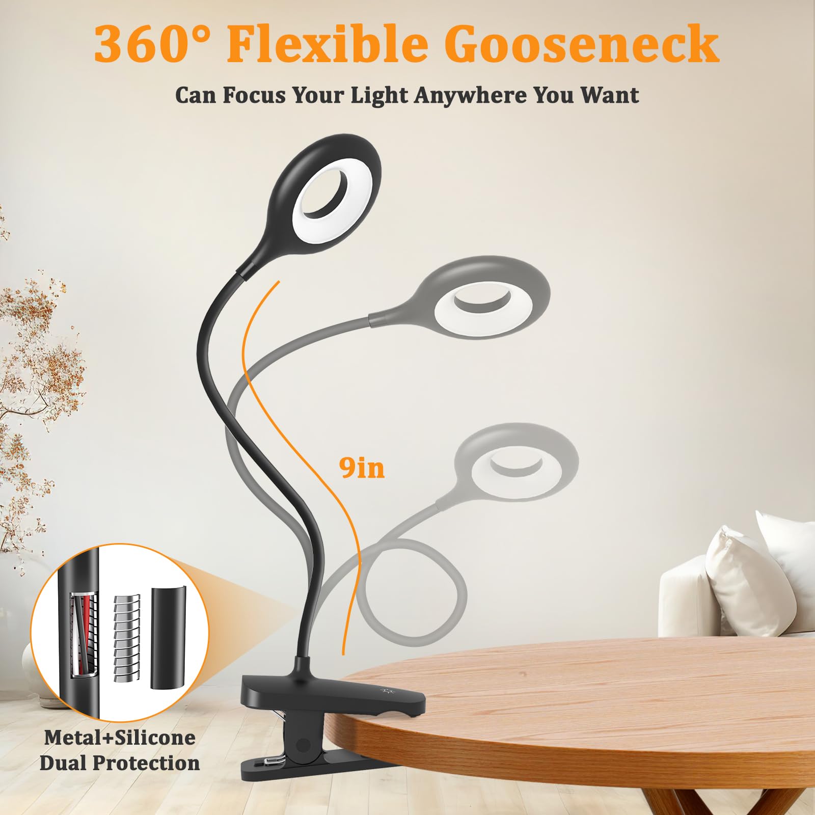 Luz recargable con clip con abrazadera grande, lámpara de lectura de cabecera de cama a pilas, 5 colores, 5 brillo, luz flexible para libro de brazo por la noche para escritorio de niños, 3