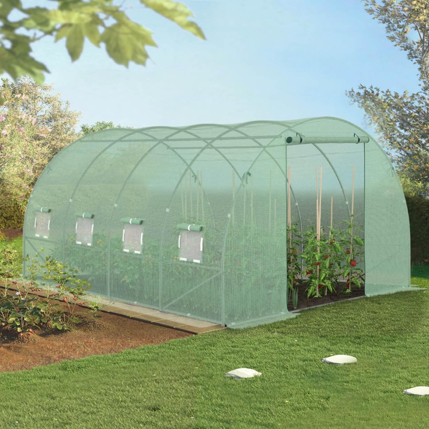 IDMarket - Serra da giardino a tunnel da 12 m², 4 x 3 x 2 m, in acciaio zincato + telo anti-UV con porta e finestre ZEBRA verde