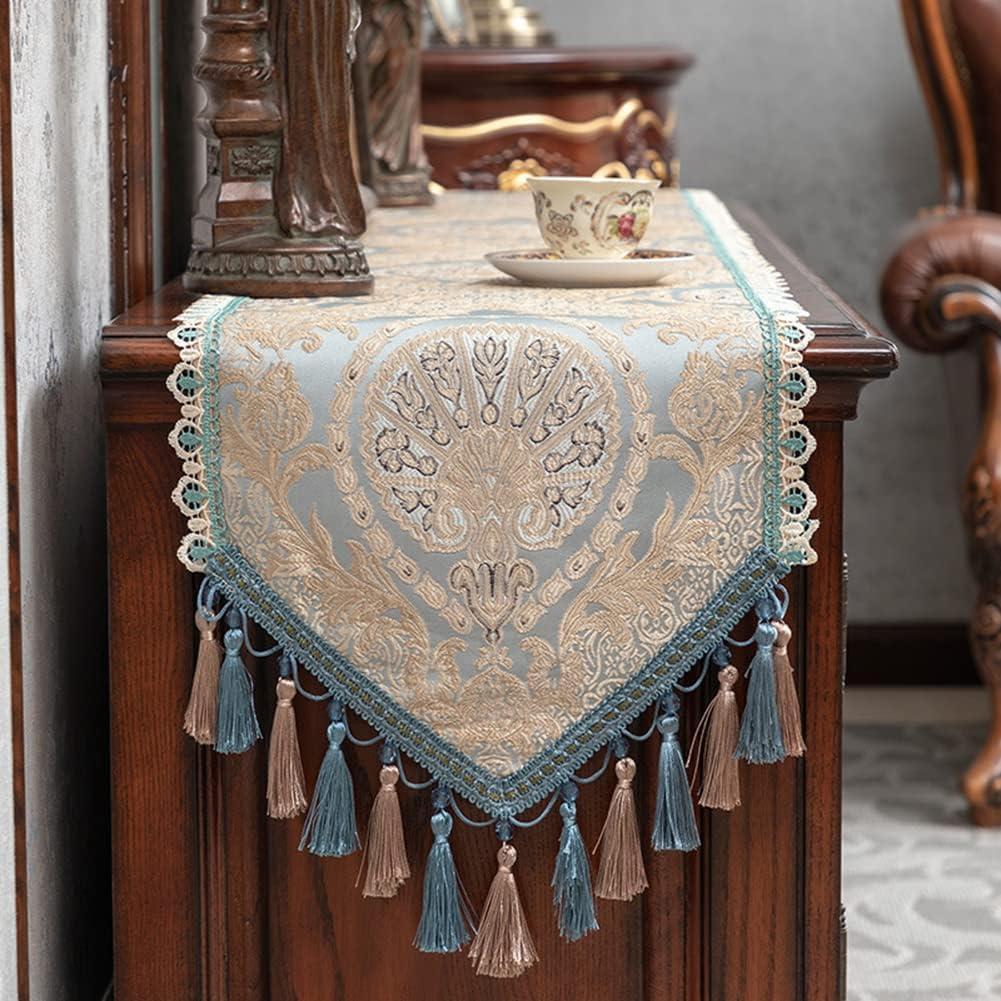 Luxury Damask Table Runner Vintage Floral Jacquard Chenille Table Runner with Tassel for Dining Room Dresser Banquet Party Decoration (Blue,14"x94")