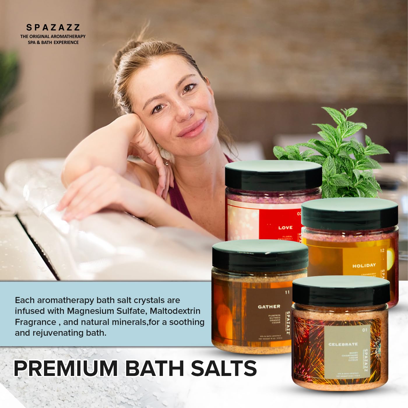 Spazazz Hot Tub Aromatherapy Memories Collection Bath Salts Set Four-4 Oz Pack - Love, Holiday, Celebrate, Gather - Spazazz Hot Tub Crystals and Bath Salts are Oil-Free & Safe for All Spas