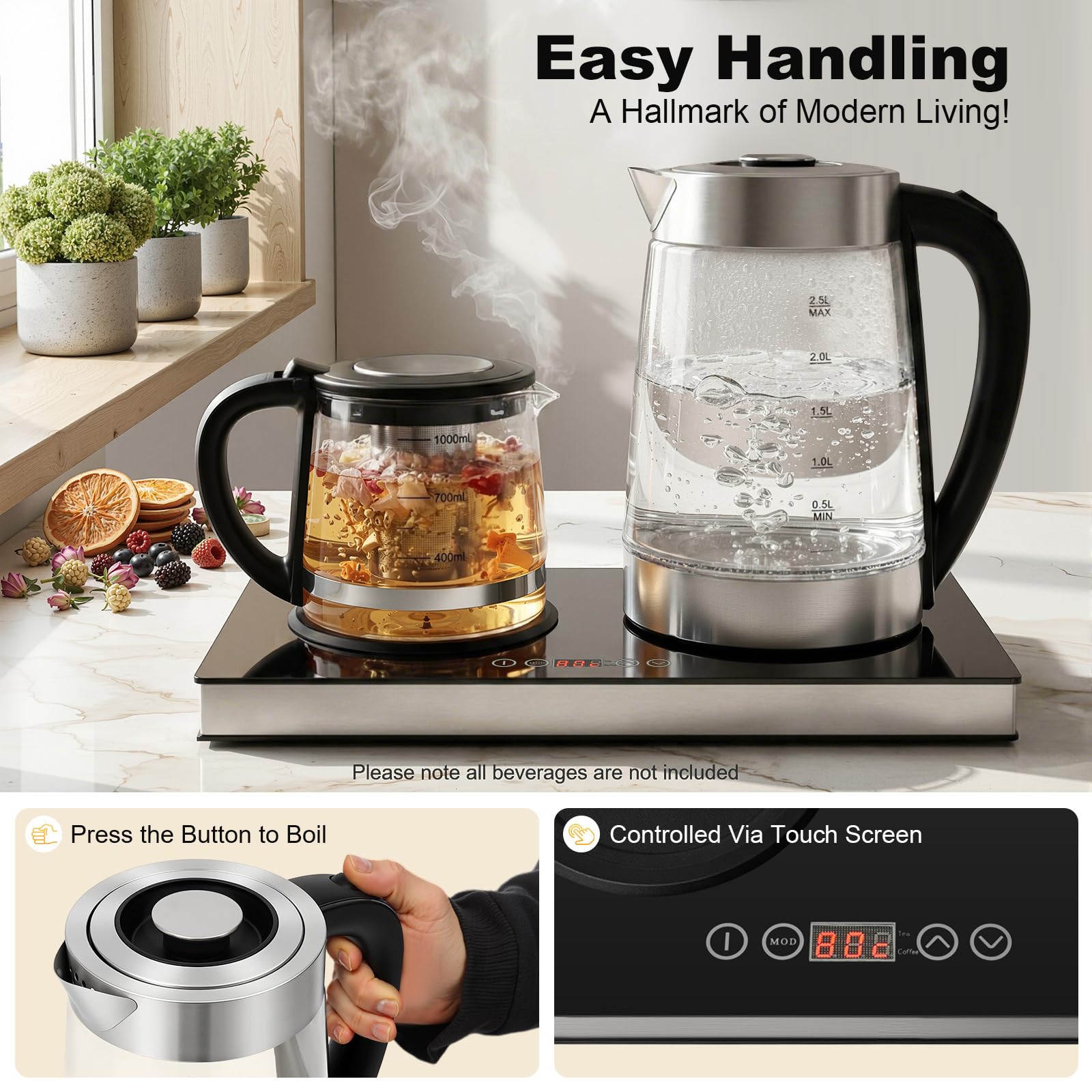 Hervidor eléctrico de 2,5 L + 1 L de acero inoxidable y cristal con función de mantenimiento del calor, colador de té y pantalla táctil LCD, 1500 W, apagado automático