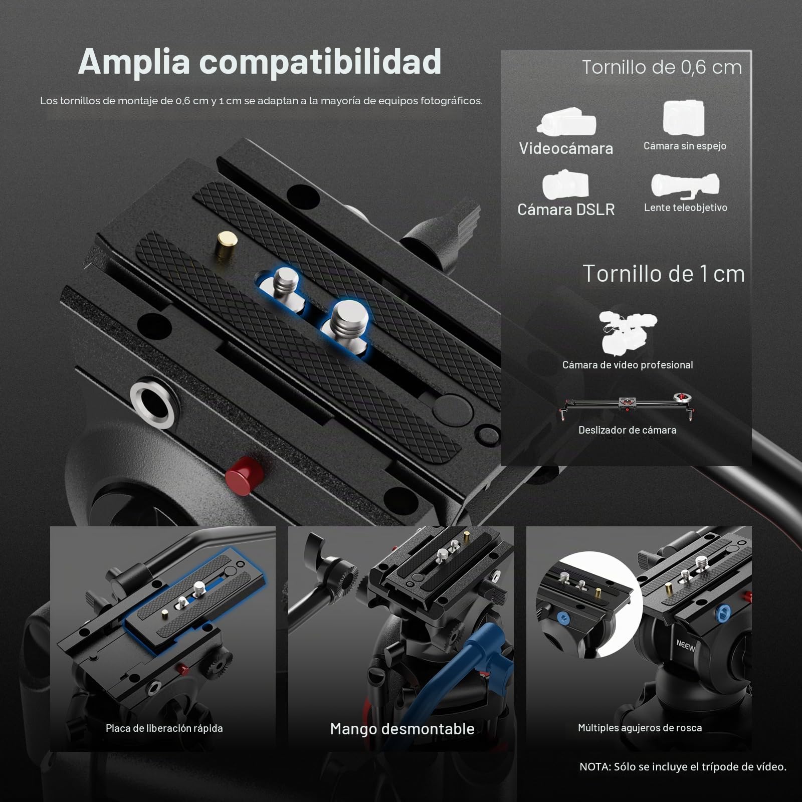 NEEWER Básico 74" Trípode Vídeo con Cabezal Fluido, Trípode Cámara Metal con Amortiguación, Esparcidor de Nivel Medio, Placa Liberación Rápida Compatible con Manfrotto 501, Carga Máx 17.6 lb, TP37