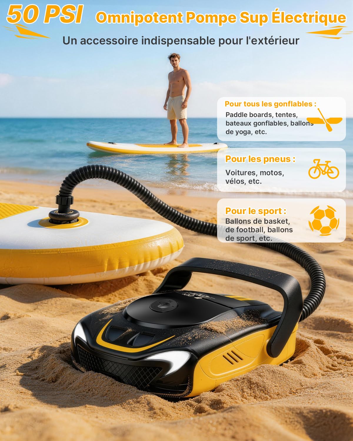 Pompe Sup Électrique 50 PSI Haute Pression, Gonfleur Paddle Rechargeable 14000mAh, Gonflage/Dégonflage Intelligent, avec Lumière LED, pour Planches de SUP, Kayaks, Motos, Ballons, Matelas Pneumatiques