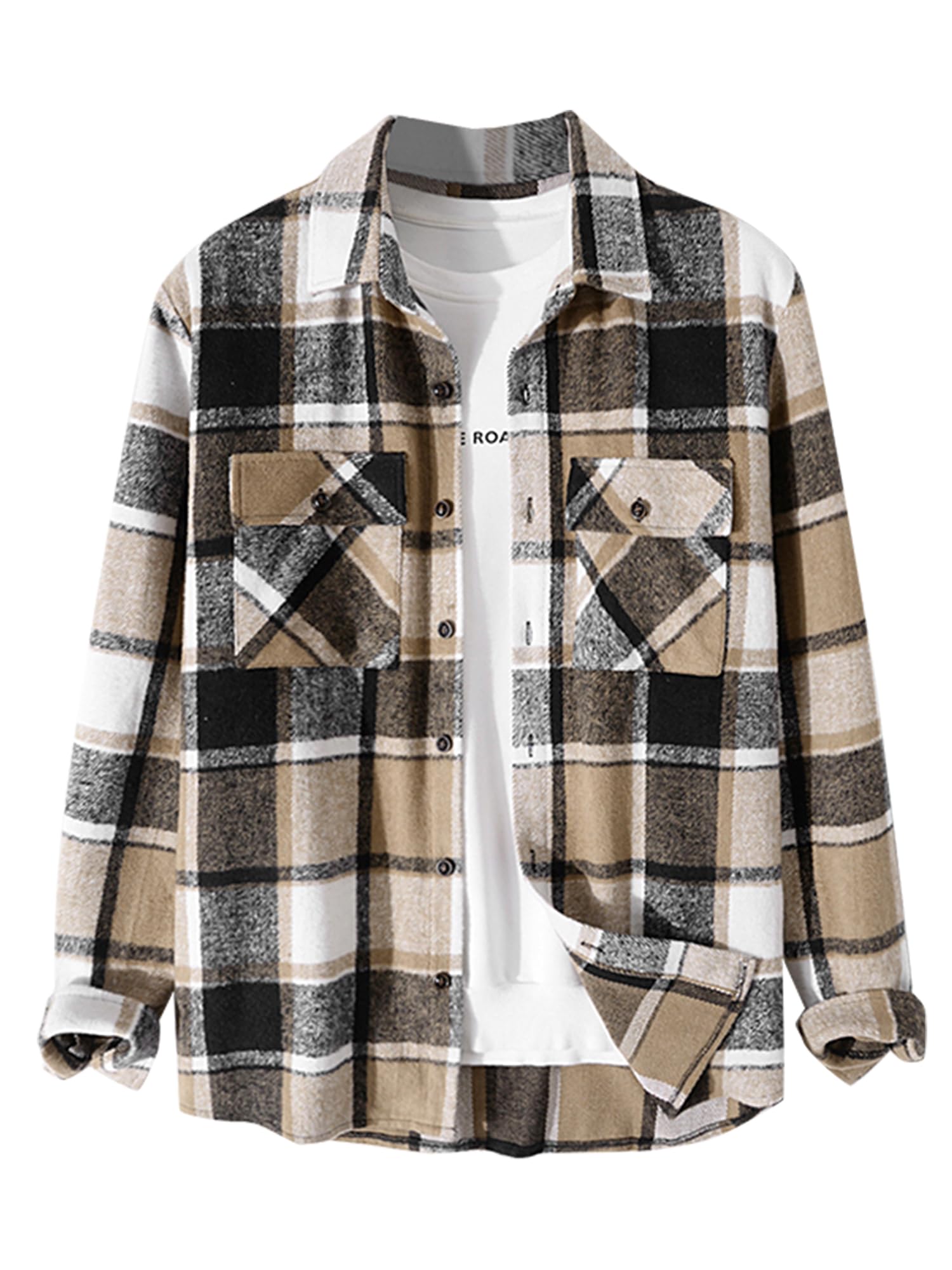 ZAFUL Unisex Plaid Flannel Shirt Jacket Button Down Long Sleeve Pocket Coat Outwear