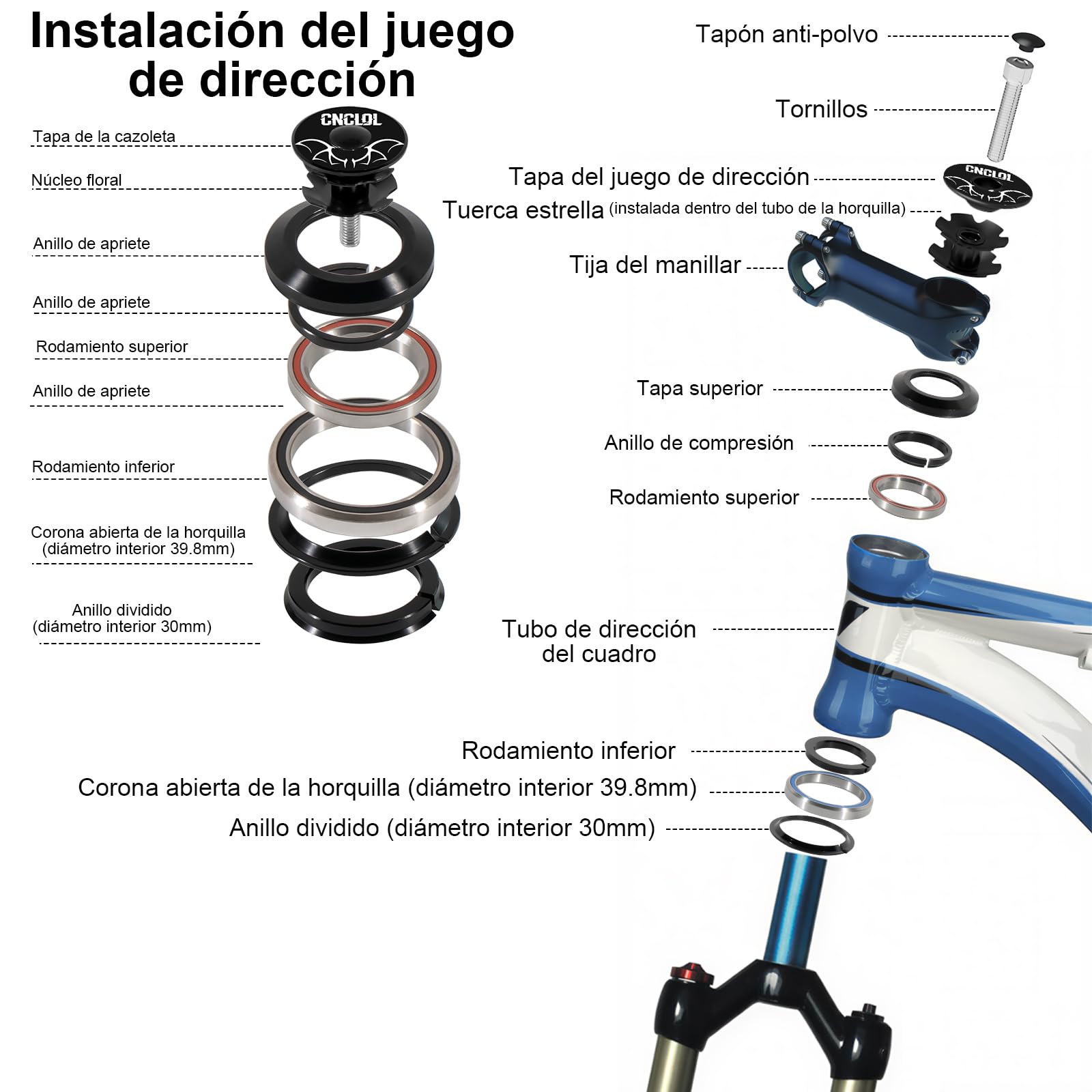 Fahrradlenker 1 1/8 Zoll, Steuersatz 34 mm/44 mm/41,8-52 mm/44-55 mm/44-56 mm, Lenklager MTB/BMX, halb integriert, mit versiegelten Lagern.