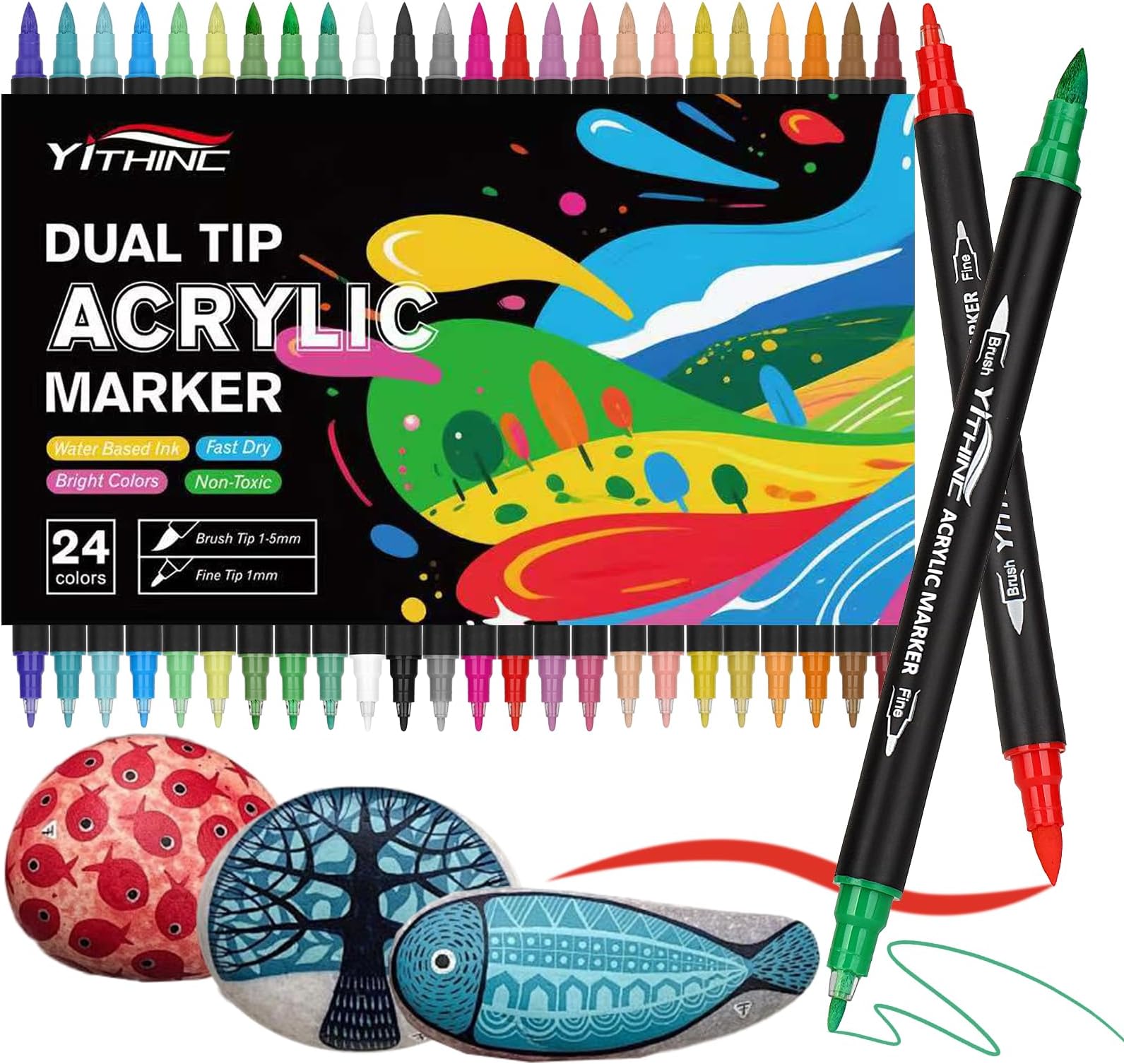 YITHINC Acrylic Paint Pens, Dual Tip Acrylic Markers for Rock Painting Stone Ceramic Metal Paper Glass Canvas Fabric Wood Porcelain Pebble, Easter Decoration & Crafts, Pumpkin Painting Kit (24 Colors)