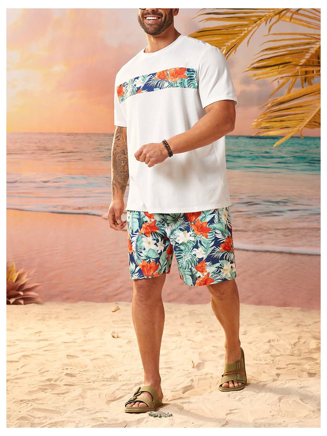 Floerns Conjunto de 2 piezas para hombre, camiseta con estampado de árbol y pantalones cortos de playa