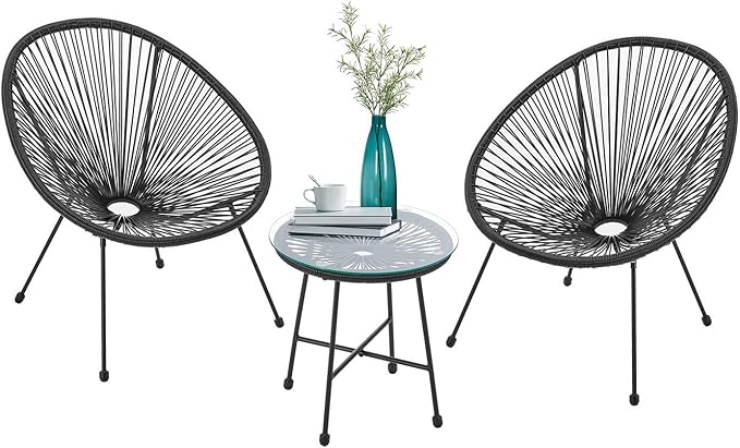 Juskys Ensemble de Meubles de Balcon Ostana en 3 Parties - Table et 2 fauteuils - Groupe de sièges élégant pour Balcon, terrasse et Jardin - Ensemble de Meubles de Jardin pour Balcon Noir