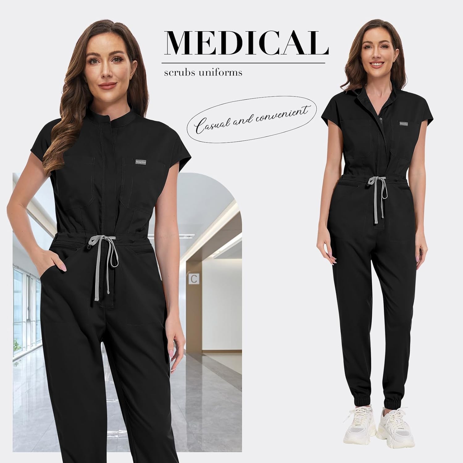 VIAOLI Scrub Jumpsuit One-piece Short-sleeved Scrub Set Belted Jogging Yoga Pants Scrub Uniforms for Women Set