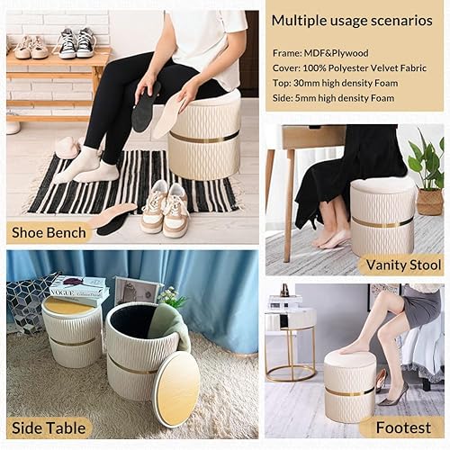 Miniatura 6 de Juego de 2 otomanas redondas con soporte de almacenamiento, 330 libras, reposapies otomano suave, mesa de centro dorada para sala de estar y vestidor