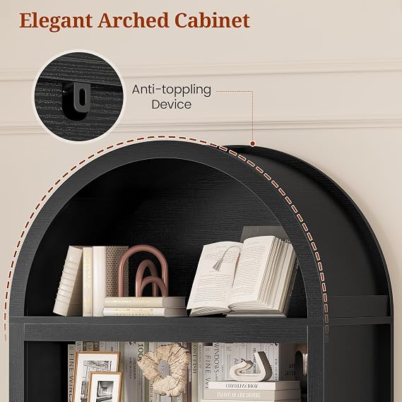81 Tall Arched Cabinets,Bookcase with storage,Mid-Century Modern 6-Tier Bookshelf with Door,2 Book Risers and Adjustable Shelves offering more storage space for Living Room,Home Office,Black+Oak