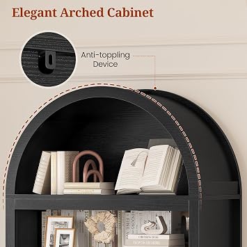 81 Tall Arched Cabinets,Bookcase with storage,Mid-Century Modern 6-Tier Bookshelf with Door,2 Book Risers and Adjustable Shelves offering more storage space for Living Room,Home Office,Black+Oak