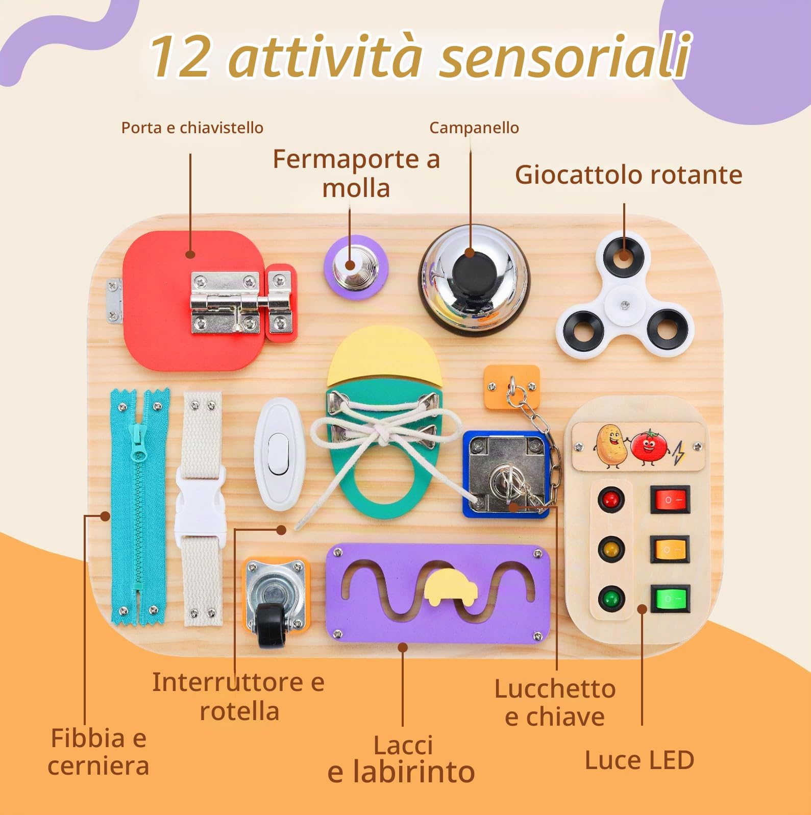 potatomato Busy Board Montessori in Legno – Giocattolo sensoriale e motorio per Bambini – Activity Board educativo per Bambini Piccoli – Fidget Toy pedagogico per Bambine e Bambini