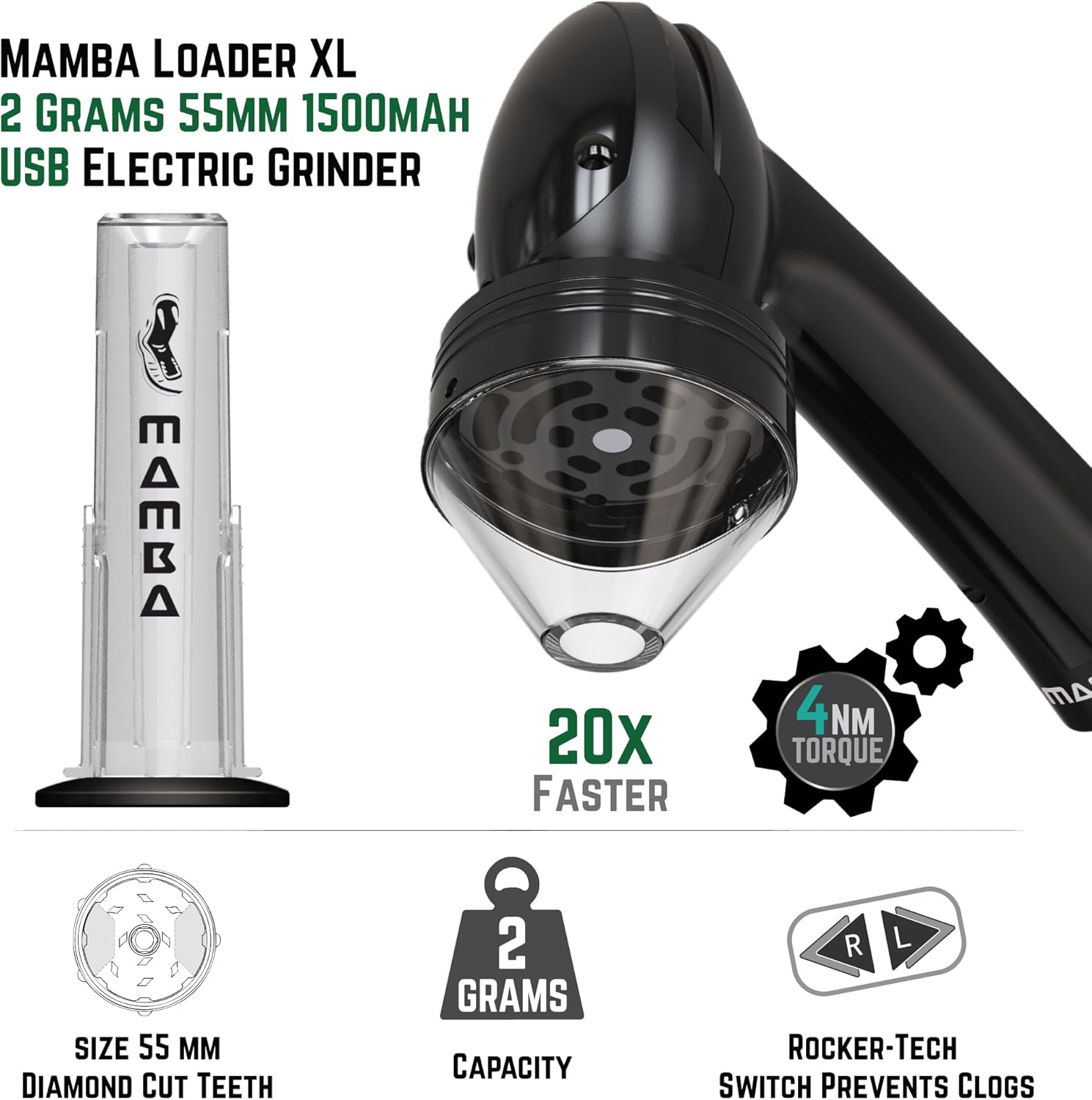 Mamba Loader XL Electric Herb Grinder, USB Rechargeable, One-Hand Automatic Herb & Spice Grinder for Dried Herbs, Portable Kitchen Grinder, 2g, Black