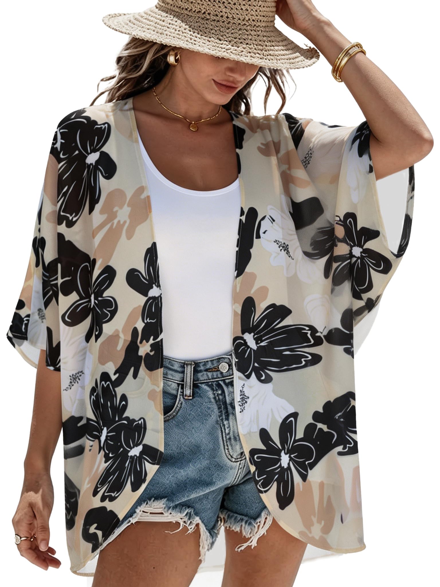 CHICGAL Womens Floral Kimono Cardigan Beach Cover Up Casual Summer Tops | 2026 Puff Sleeve Open Front Chiffon Outfit,Hawaiian Shirt,Beach Vacation Swimwear, Plus Top,Boho ladies Blouse,Cruise Resort