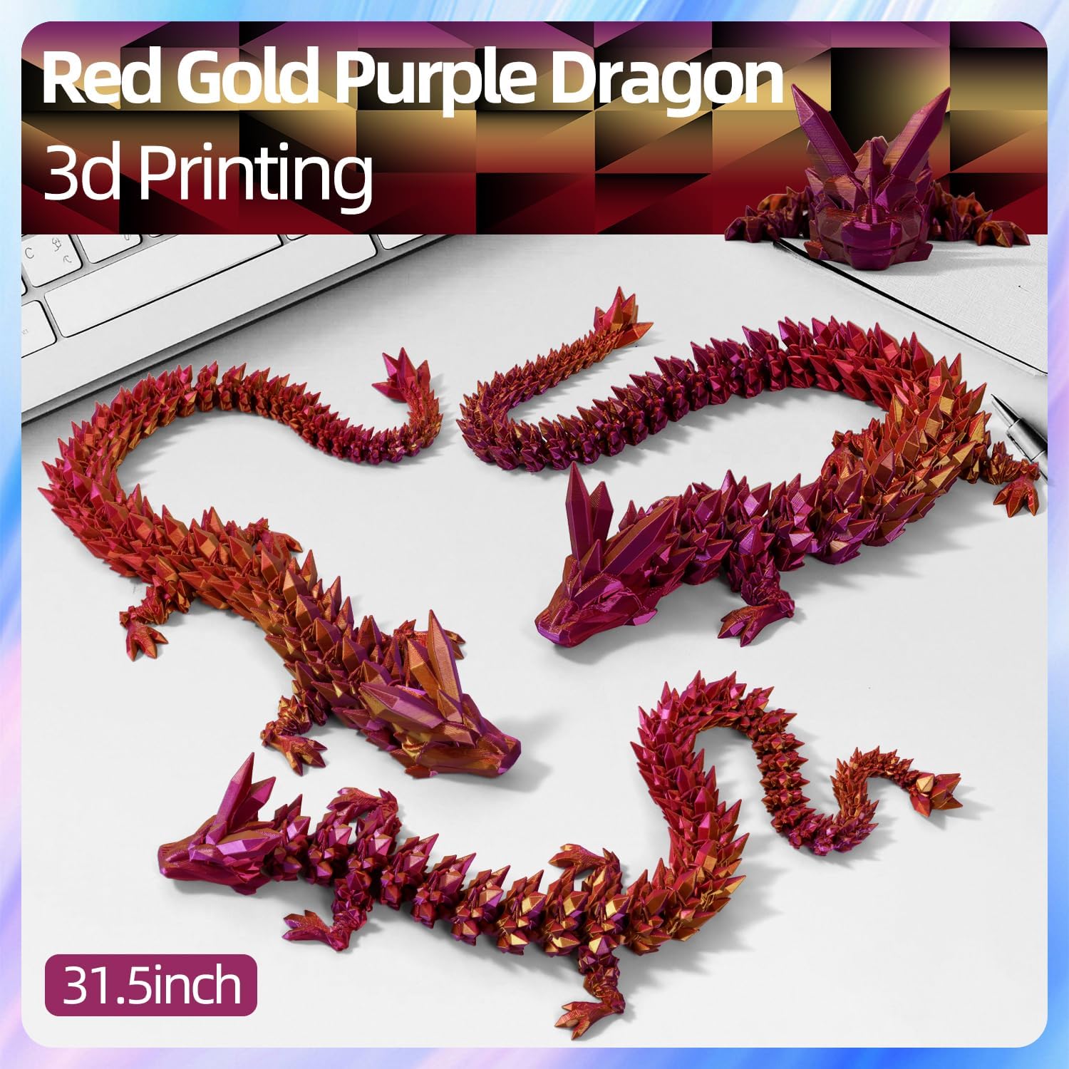 31.5" Giant 3D Printed Dragon Large 3D Dragon Model, Big 3D Printed Figure, Oversized Poseable Articulated Toy, Fantasy Collectible Gift for Desk and Home Décor (Purple Gold, 31.5 inch)