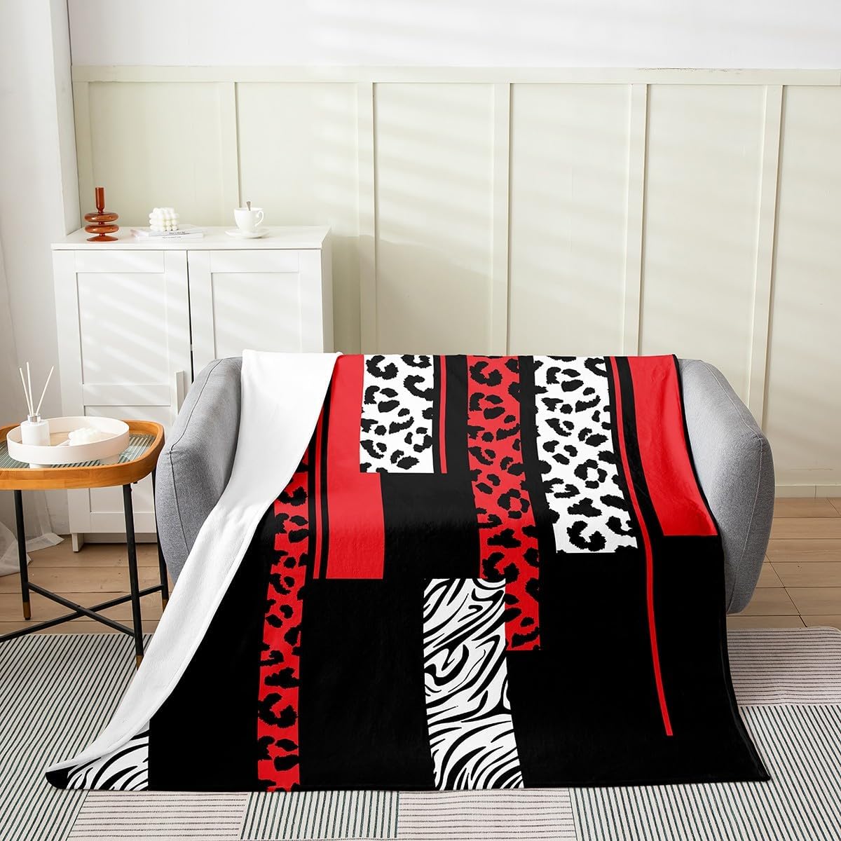 Feelyou Leopard Zebra Plush Throw Blanket, Queen 90"x90" Kids Cheetah Red White Black Flannel Fleece Blanket for Teens Animal Print All Season,Bed Blanket Breathable Safari Geometric Room Decor