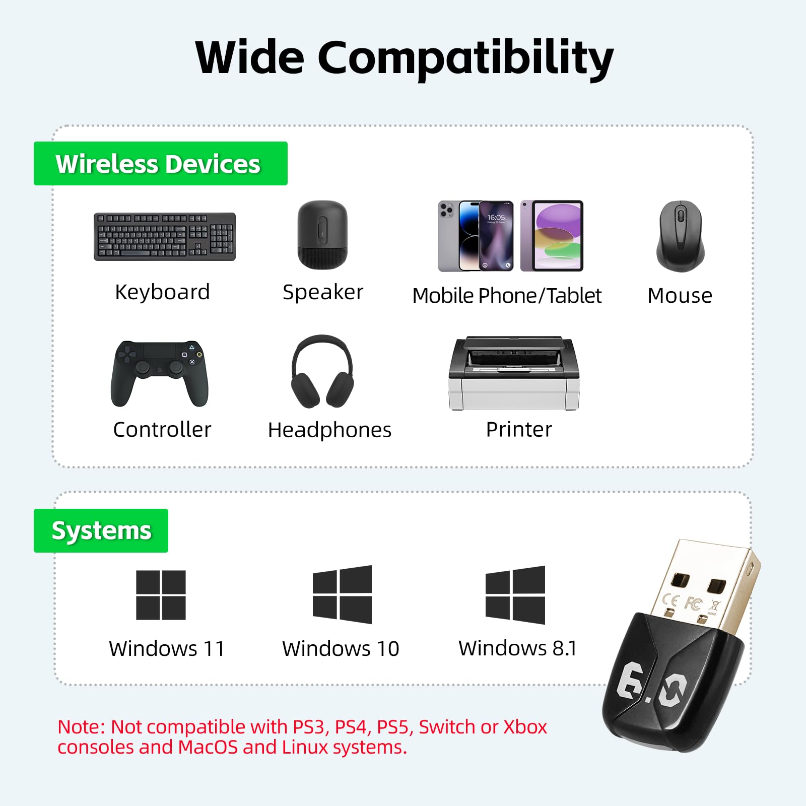 Adaptateur Bluetooth USB 6.0 pour PC, Dongle Bluetooth Windows 11/10/8.1