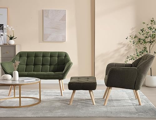 Miniatura 7 de Silla decorativa Sherpa con otomana, moderna silla de lectura mullida con sillón otomano tapizado con patas de madera, cómoda silla de descanso para