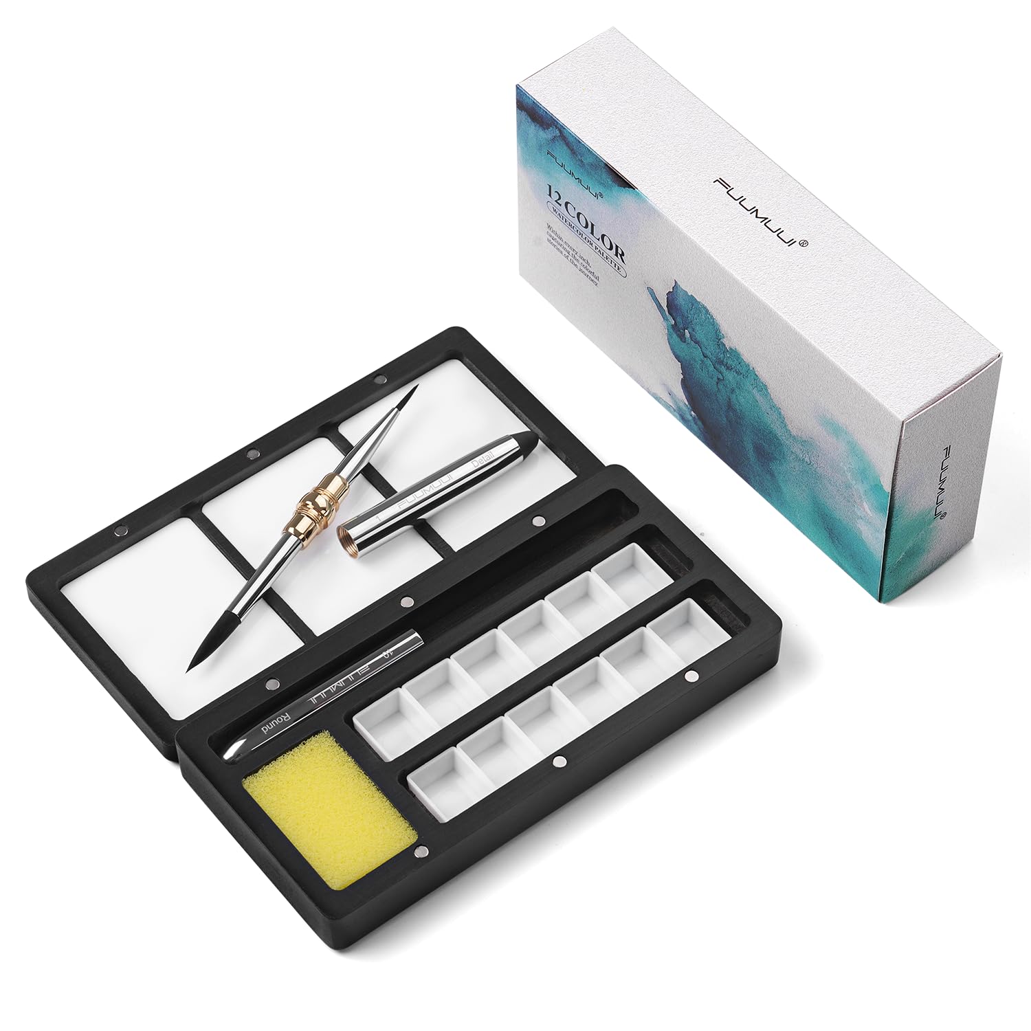 Fuumuui Black Wood Watercolor Palette Set, Magnetic Paint Box with 12 Half-Pans, Detachable Lid with 3 Mixing Areas, Sponge & Dual-Tip Travel Brush – Empty Artist Paint Case