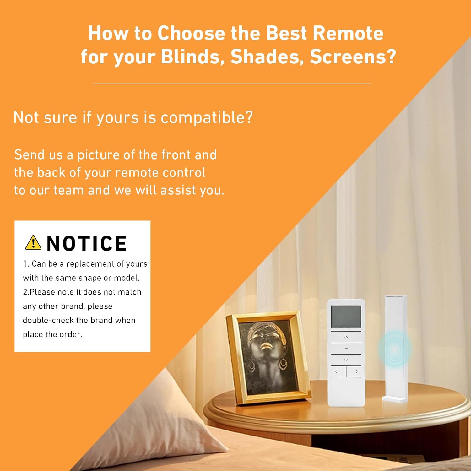 An image with text 'How to Choose the Best Remote for your Blinds, Shades, Screens?' and a notice stating that the remote can be a replacement for the same shape or model, but may not match other brands, advising to double-check the brand.