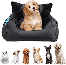 Supernic Plush Dog Car Seat for Small Dogs & Cats, Cosy Pet Travel Bed with Safety Leash, Storage Pocket & Non-Slip Base, Ideal Car Dog Seat for Secure Travel (Black, 50x50x20cm)