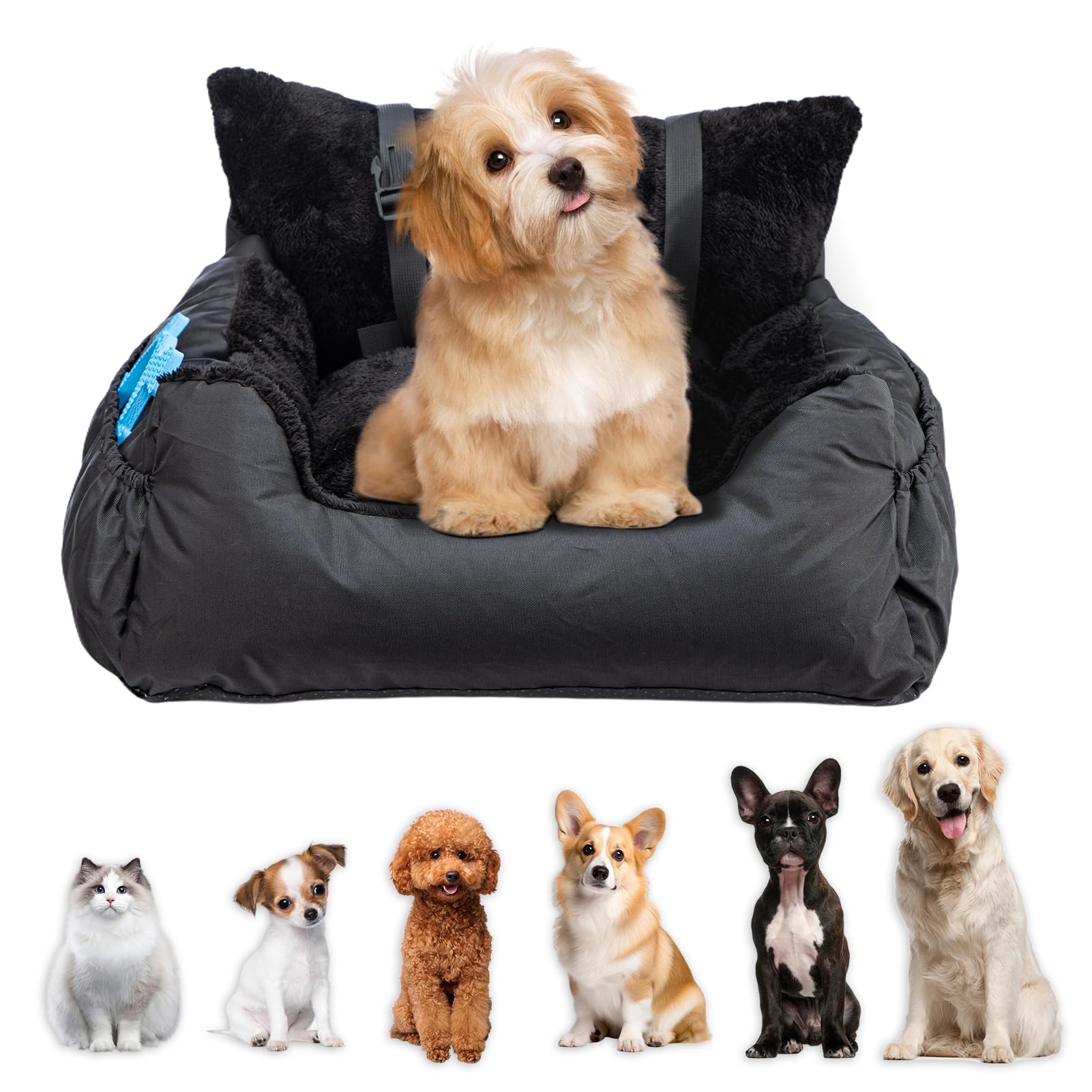 Supernic Plush Dog Car Seat for Small Dogs & Cats, Cosy Pet Travel Bed with Safety Leash, Storage Pocket & Non-Slip Base, Ideal Car Dog Seat for Secure Travel (Black, 50x50x20cm)