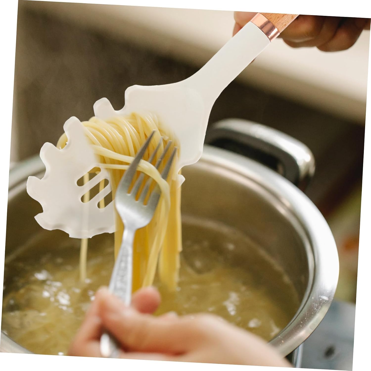 COLLBATH 2pcs Stainless Steel Pasta Server Kitchen Spoon Spaghetti Measure Tool Pasta Tongs for Serving