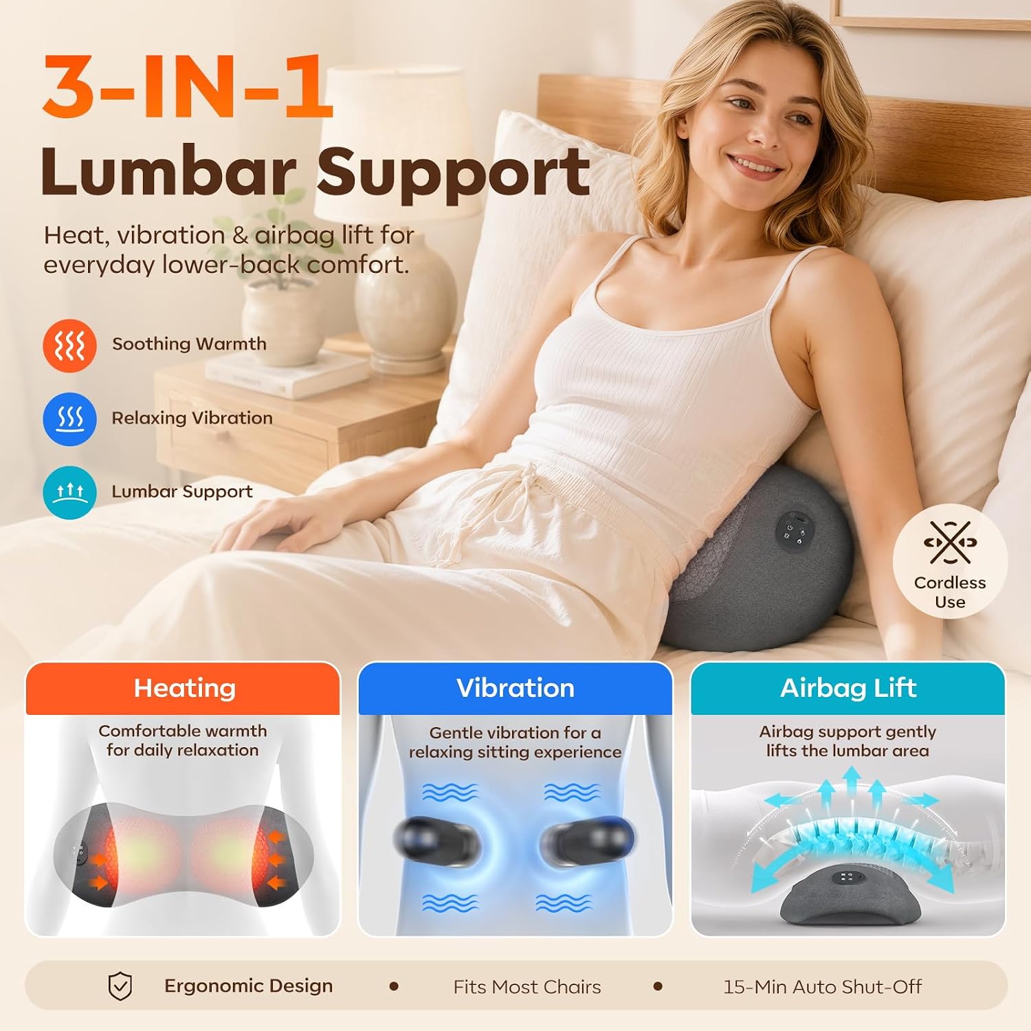 Smooth Triple Fusion Lumbar Back Massager – 3-in-1 Rechargeable Cordless Pillow: Heat, Vibration & Traction – Deep Tissue Pain Relief & Relaxation for Home & Office – Gift Idea thumbnail