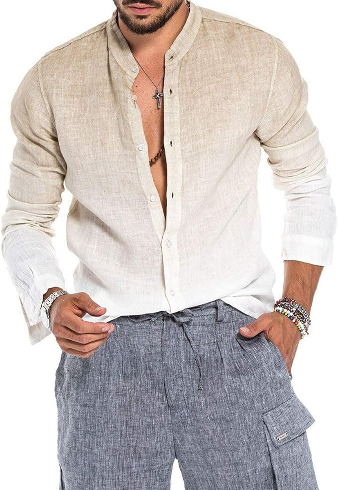 BHGHB Men 's Linen Henley Shirt Gradient Long Sleeve Linen Shirts