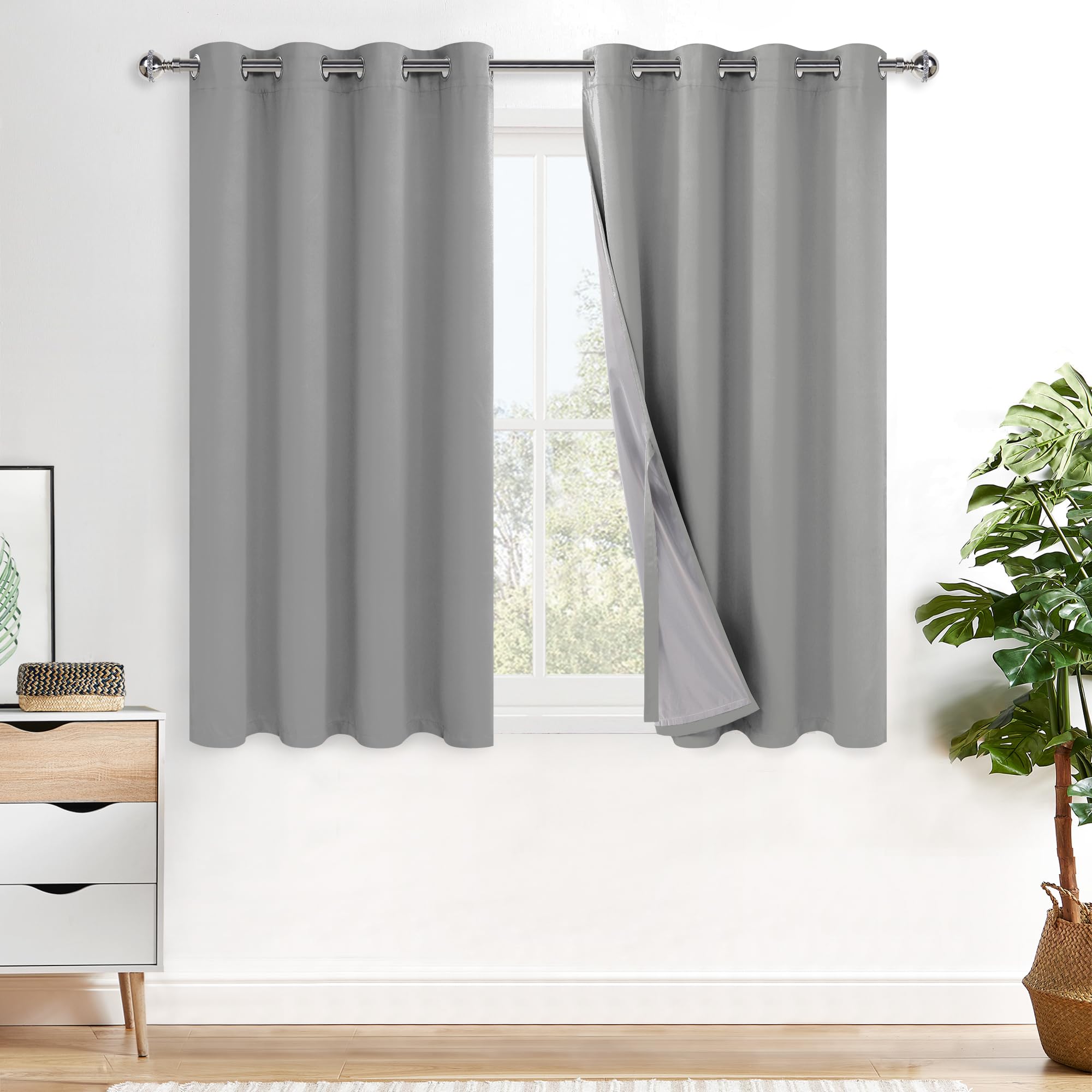 XWZO Full Shading Blackout Curtains 45 Inches Length with Tiebacks- Heat and Light Blocking Ring Top Window Drapes with Black Liner Backing for Bedroom/Kid's Room, Silver Grey, W52 x L45, Set of 2