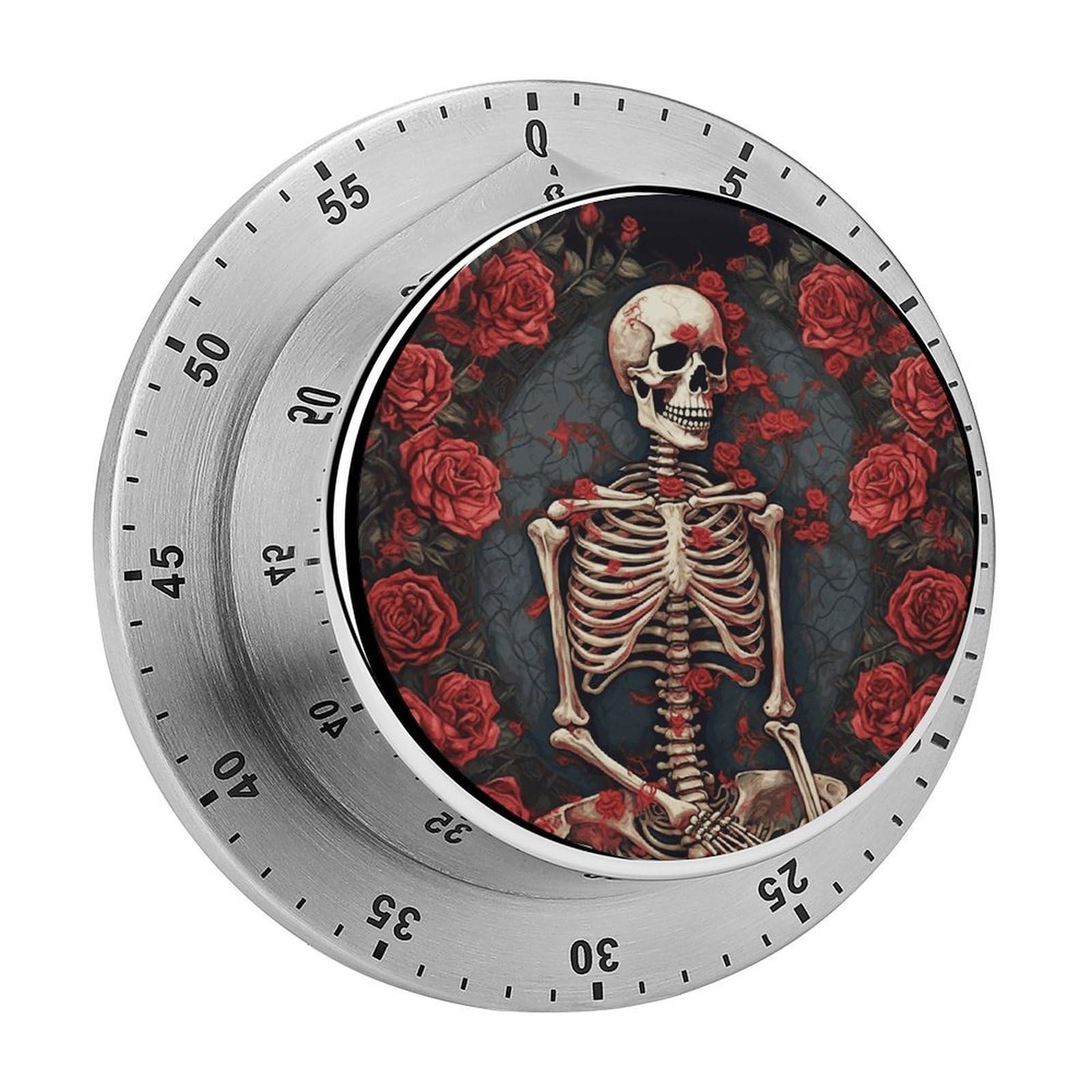 Skeleton with Roses Timer Loud Mechanical Timer Stainless Steel 60-Minute Kitchen Timers Waterproof Chef Cooking Timers Sport Countdown Clock Portable Countdown Alarm Adult