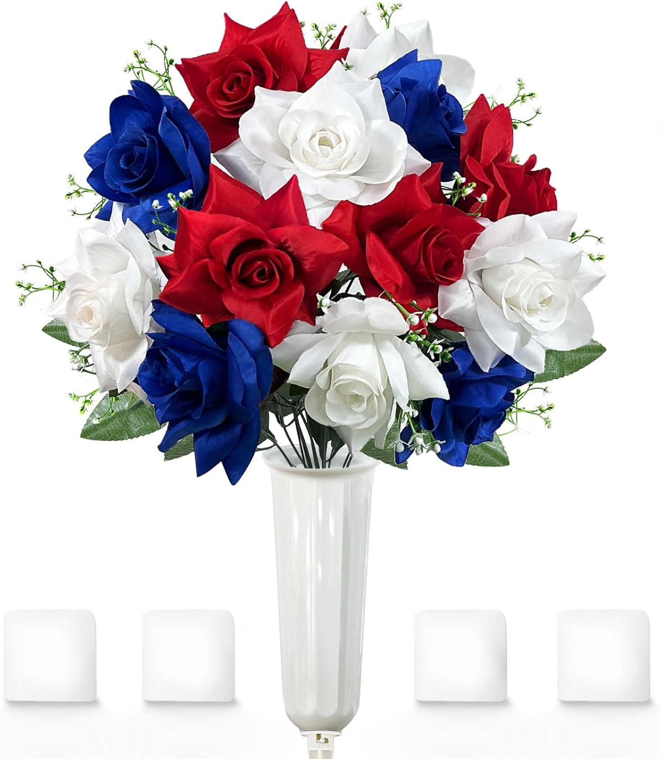 ICX Artificial Cemetery Flowers with Vase,Set of 2 Blue,White and Red Rose Grave Flowers for Cemetery,Memorial Day Flowers for Cemetery,Cemetery Flowers for Grave,Grave Decorations
