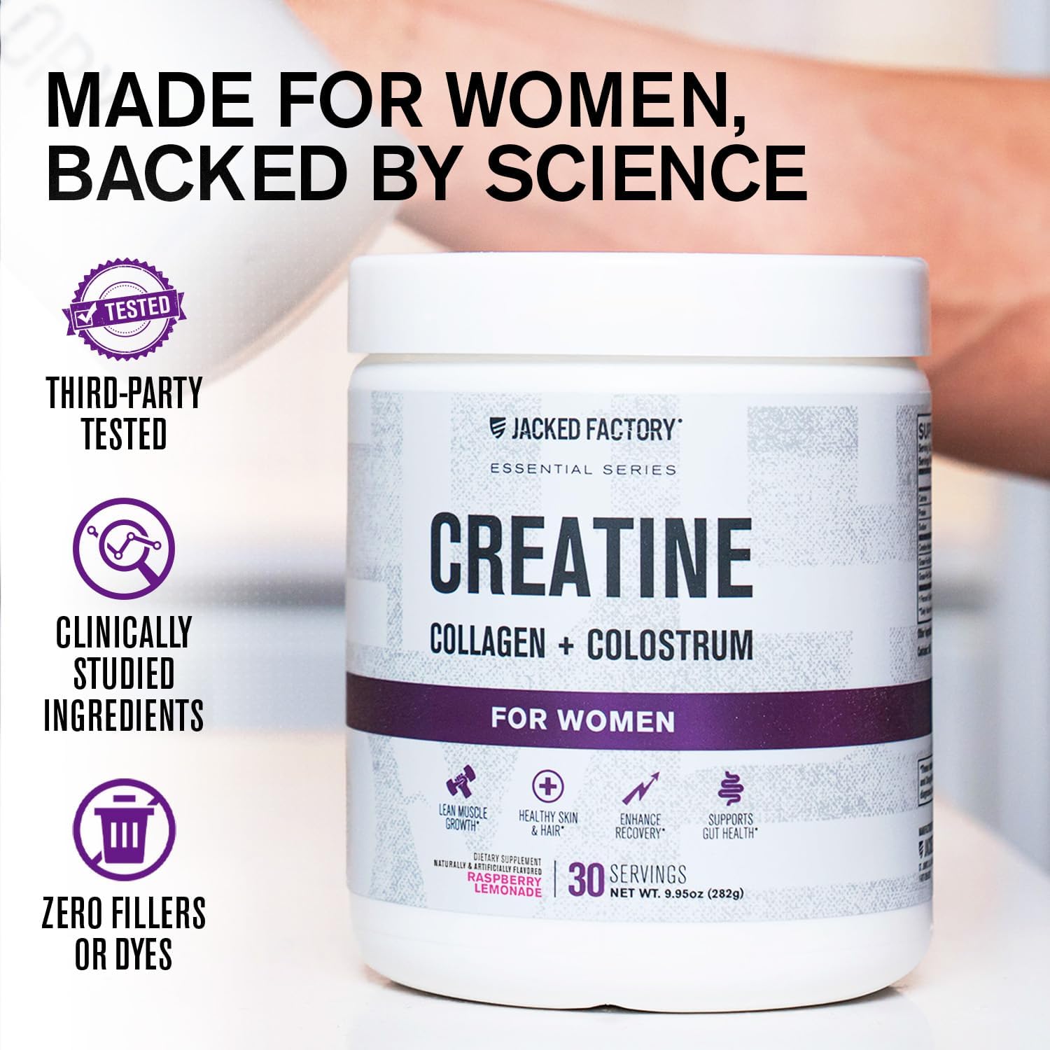 Jacked Factory Creatine for Women - Creatine Monohydrate with Collagen + Colostrum to Support Workout Performance, Lean Muscle Growth, Healthy Hair, Skin, & Nails - 30 Servings, Raspberry Lemonade