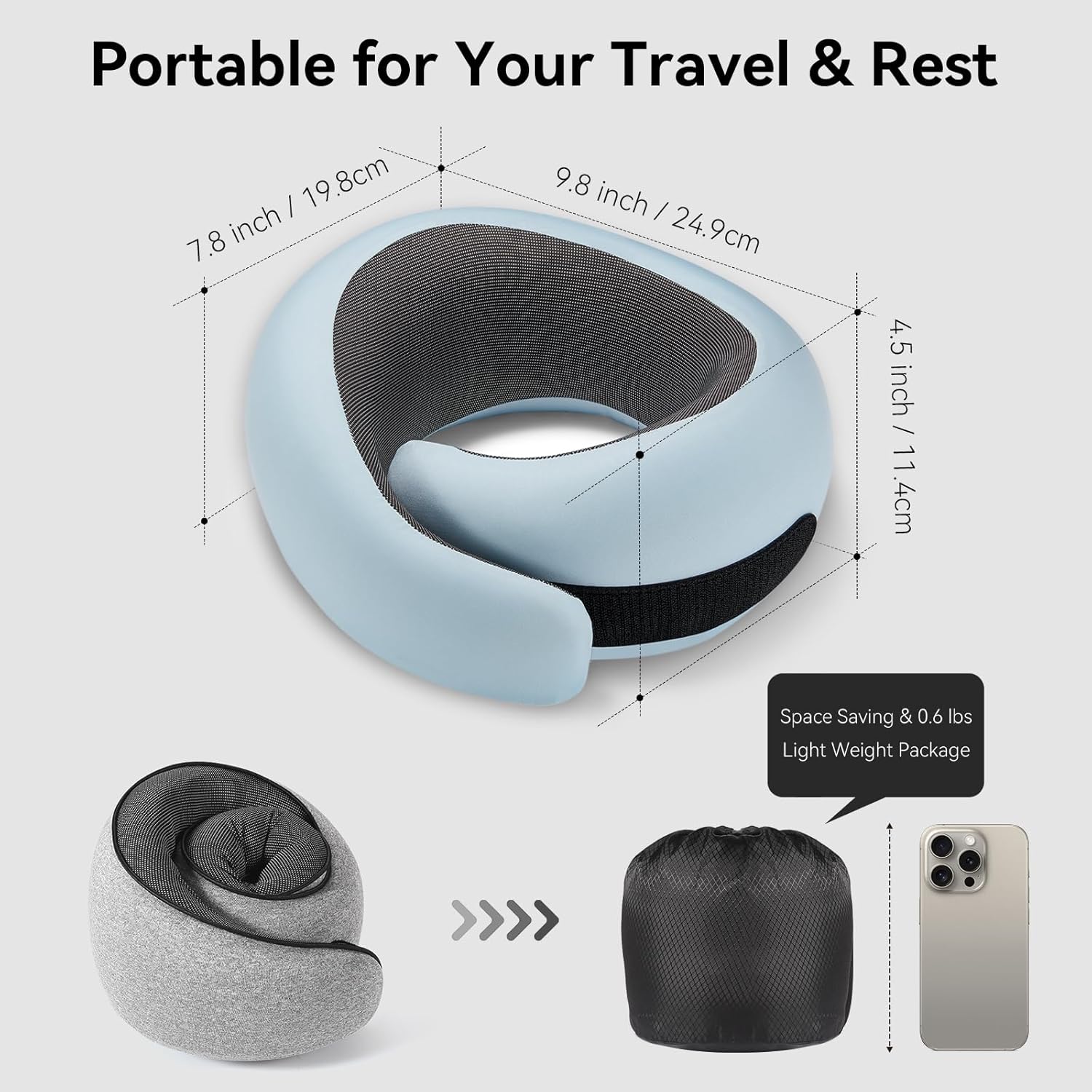 Travel Pillow, 100% Pure Memory Foam Neck Pillow for Airplanes, Comfortable Breathable Cover, Travel Essentials for Plane, Car, Train and Home, Blue