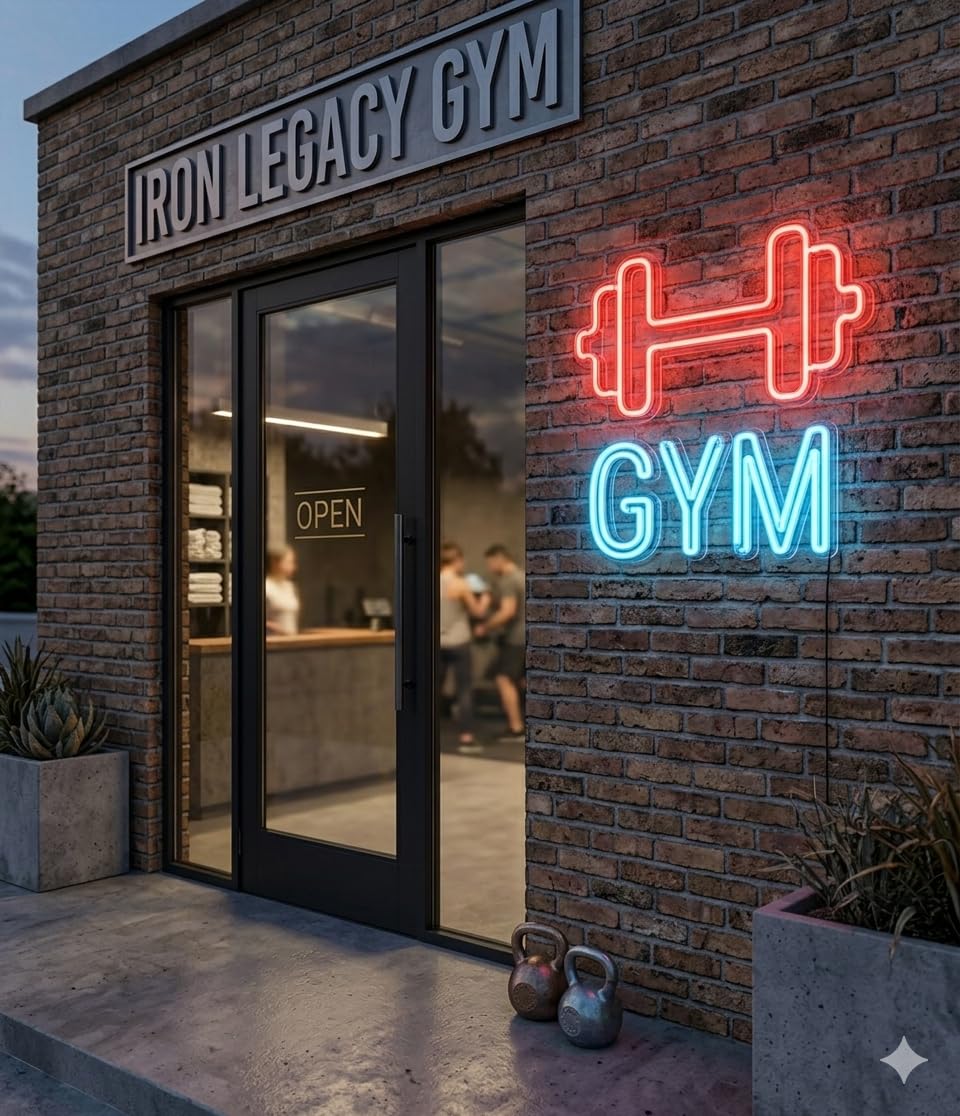 Letrero GYM PESAS Cartel Luminoso LED Escaparate, Decoración de Pared en Metacrilato, Luz Brillante, aproximadamente 60cm alimentación 12v