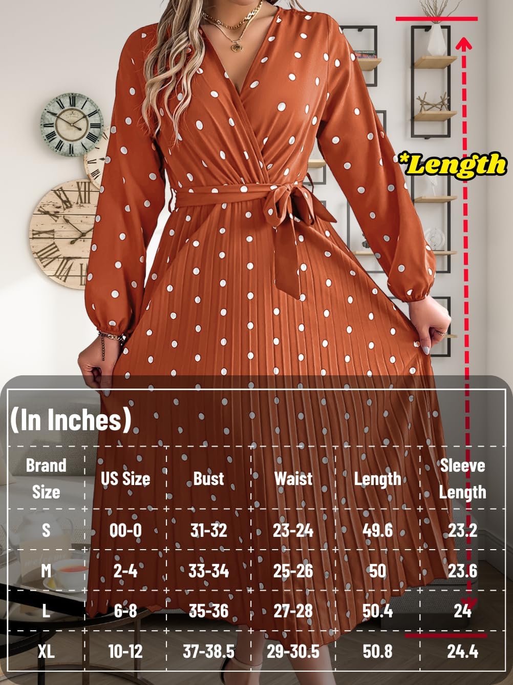 Polka Dot Maxi Dress, Pleated V Neck, Fall Holiday, Flowy A Line Business Casual Modest Long Sleeve Dresses Boho