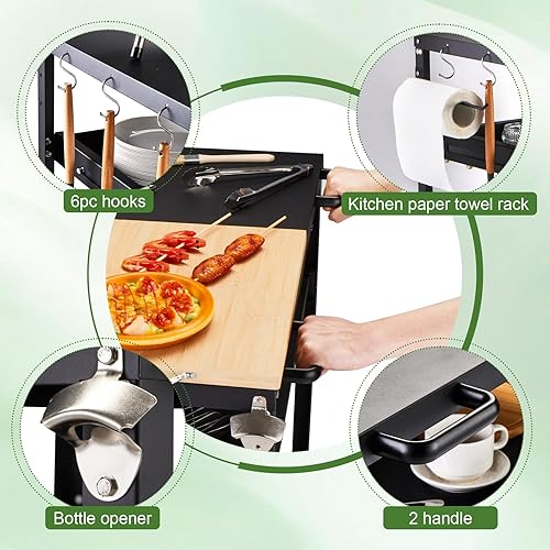 Miniatura 5 de Carrito de parrilla al aire libre con ruedas, mesa de soporte para horno de pizza de 3 estantes para exterior, patio, cocina, mesa móvil de