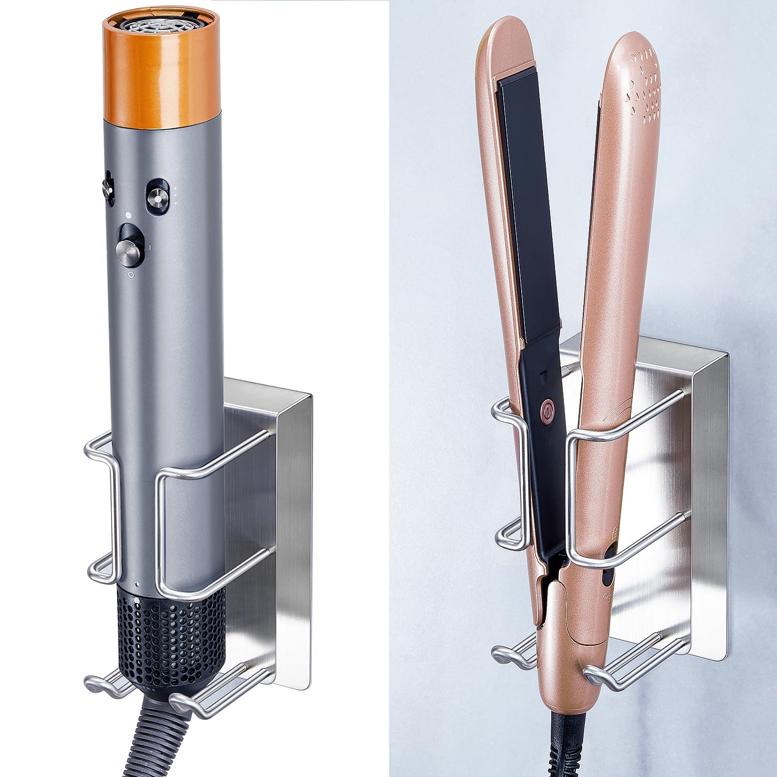 GGQ Supporto per asciugacapelli e piastra, porta phon senza foratura, porta phon da muro, contenitore per piastra e asciugacapelli, appendi phon bagno autoadesivo (Argento)