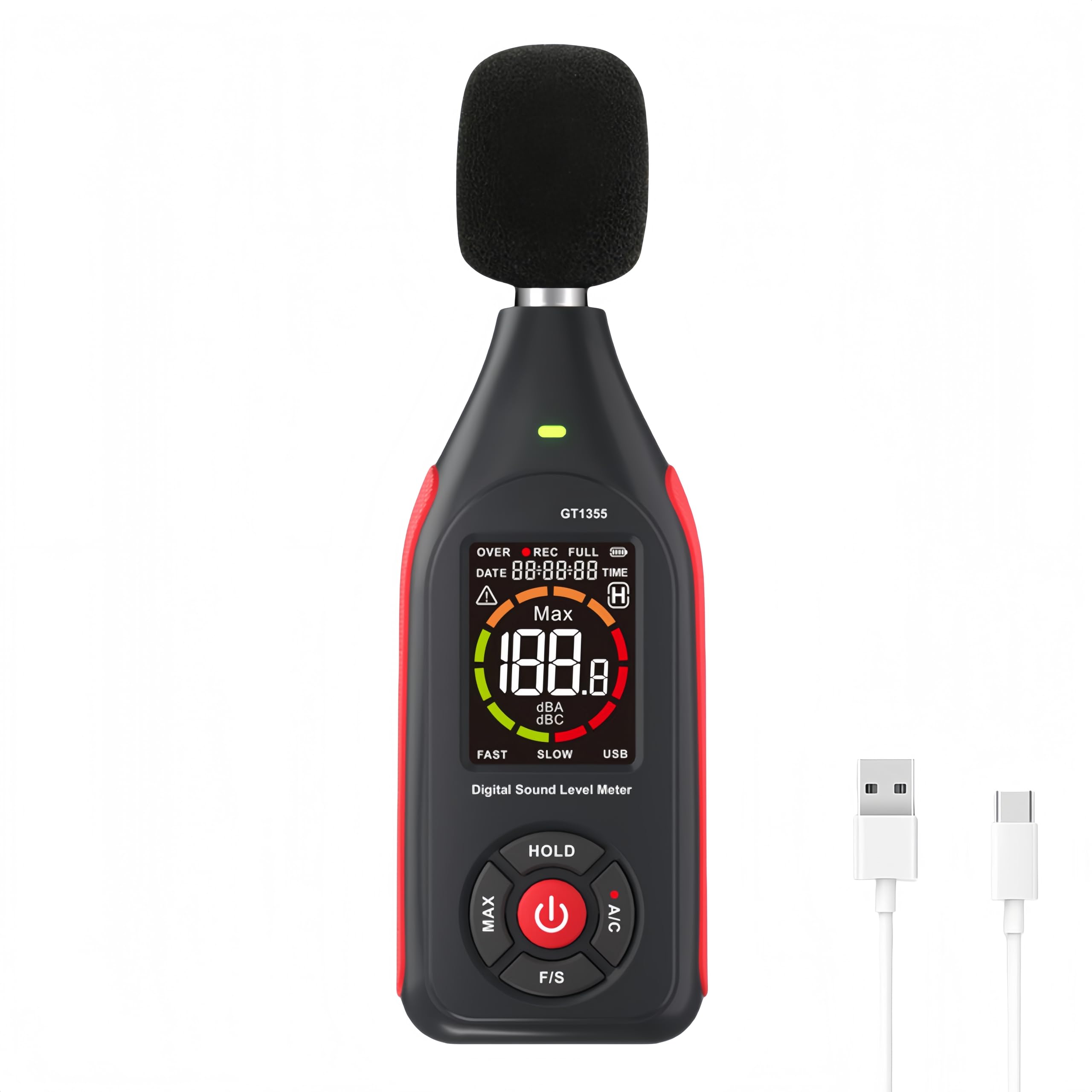 Sound Decibel Meter, Digital Decibel Meter with Data Logging, Rechargeable A/C Weighted Sound Noise Level Meter Recorder with 3-Color Light Alarm & Backlight LCD Display 31,000 Data Record & Export-image-9