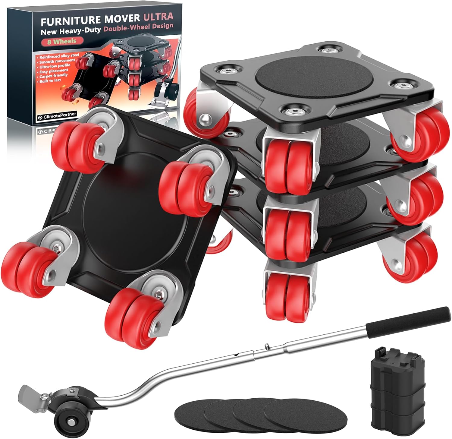 Furniture Mover Ultra with 8 Wheels – Upgraded Double-Wheel Design, Carbon Steel Panel Heavy Duty Dolly with Lifter, Max Load 2200 LBS, More Stable & Smoother Moves (5.5×5.5 in)