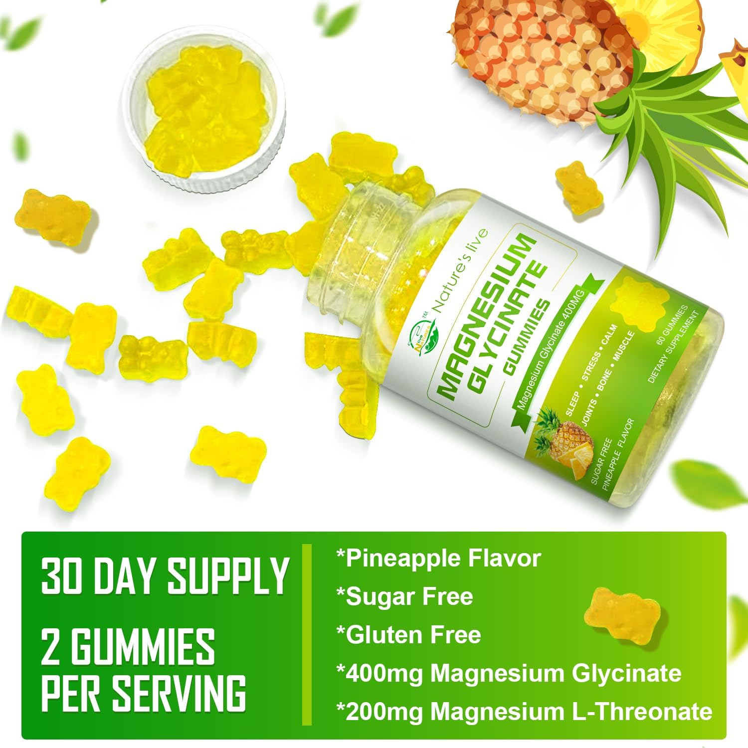 Magnesium Glycinate Gummies, Sugar Free Magnesium Supplement with Magnesium Glycinate 400mg, Magnesium L-Threonate 200mg for Calm Mood, Muscle, Bone & Sleep for Adults, 120 Pineapple Gummies