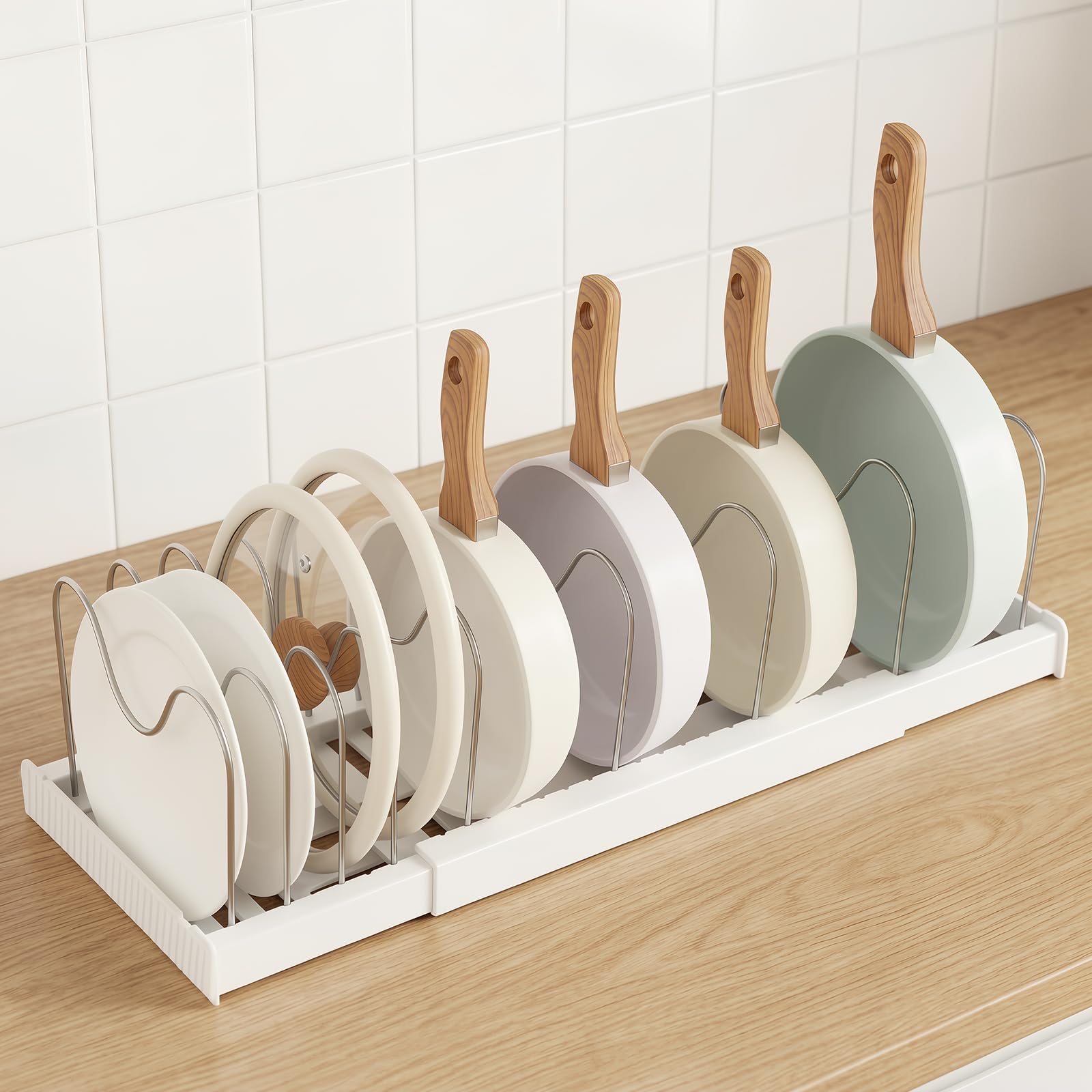AOOTE Expandable Pan Lid Holder, 32–57cm Expandable Pans Organiser Rack, Kitchen Cupboard Organiser with 9 Adjustable Dividers Pot, Pan Organisers for Cupboard, Pots, Pans, Baking Trays, White
