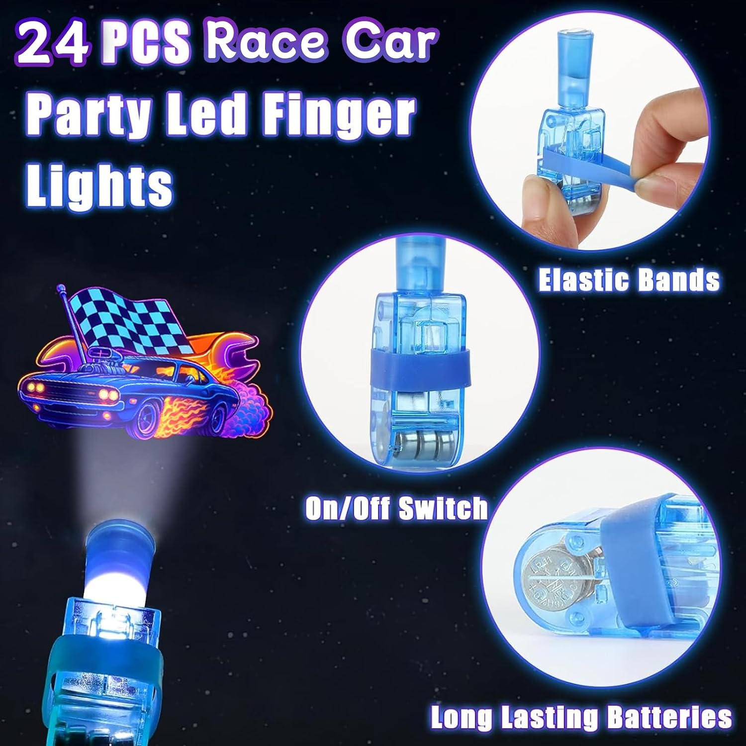 CHSLtmxq 24PCS Race Car Party Favors LED Finger Lights, 8 Designs, Steady-On Light Up Finger Lights, Cars Party Favors Goodie Bag Stuffers, Race Car Party Decorations for Car Themed Birthday Party