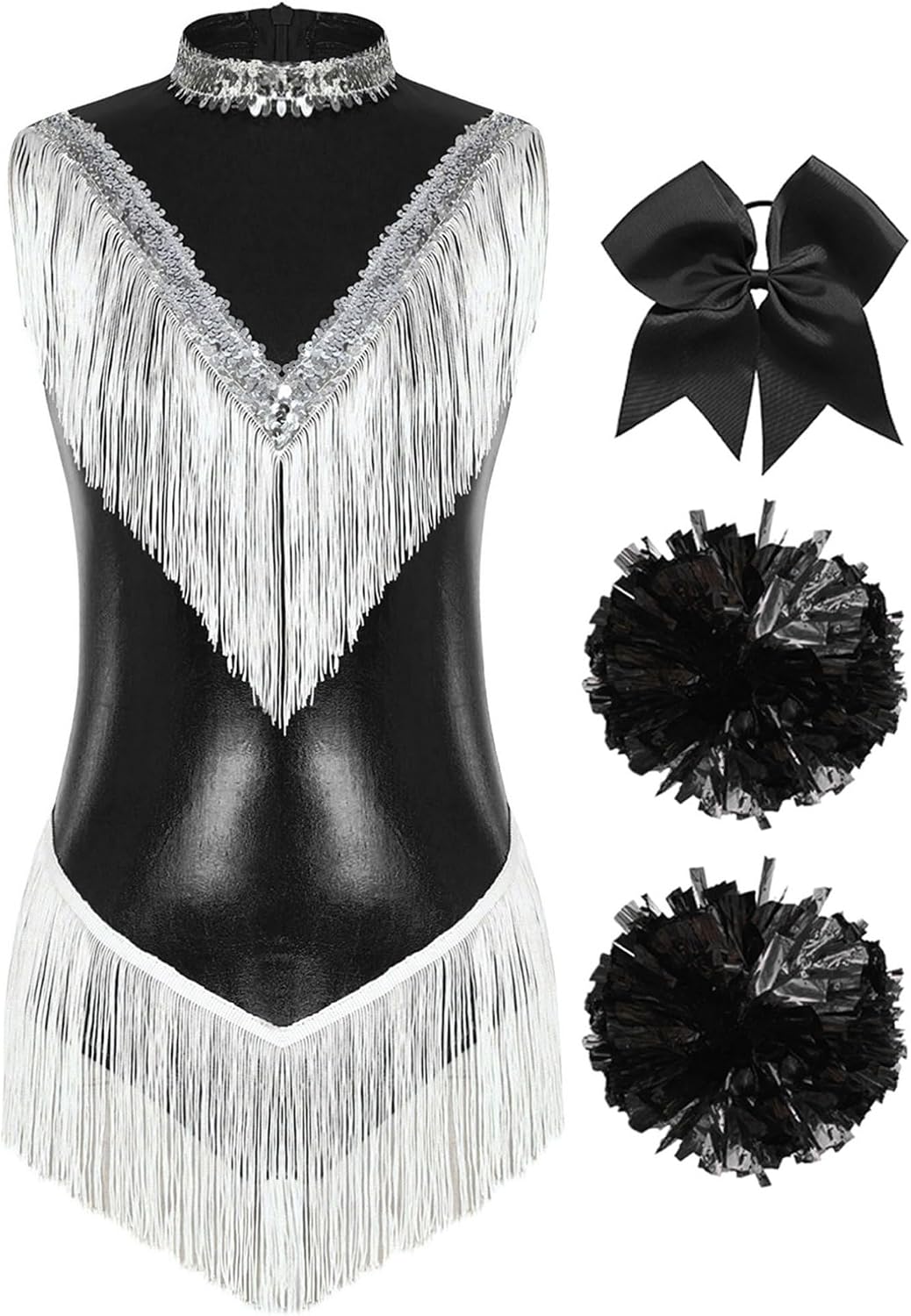 FEESHOW Women Metallic Sleeveless Tassel Bodysuit Cheerleading Uniform Outfits Cheer Leader Outfits