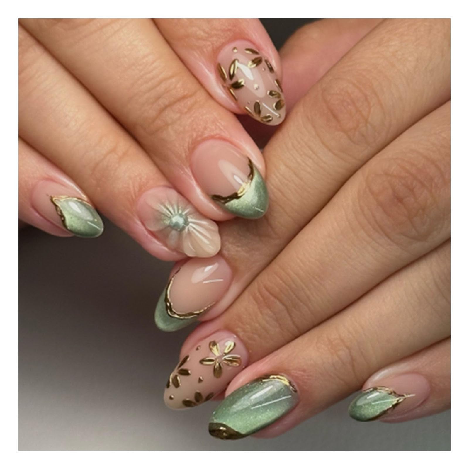 24 Pieces Cat Eye Press On Nails For Women, Stick On Nails For Social Events And Office Wear, Elegant Green Grape Design With 3D Gold Flowers, Contain With Jelly Glue-image-21