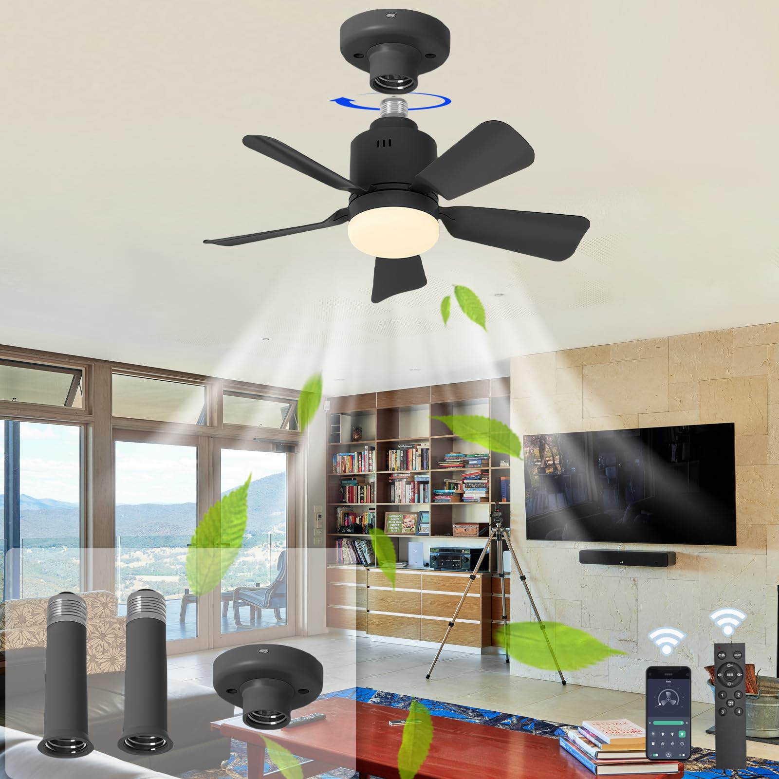 HXYSXHJUO E27 Small Ceiling Fans with Lights and Remote/APP Modern Silent Lamps LED Dimmable Fan Light Ceiling, 4 Speeds, for Bedrooms, Living Rooms, Dining Lounge-Black