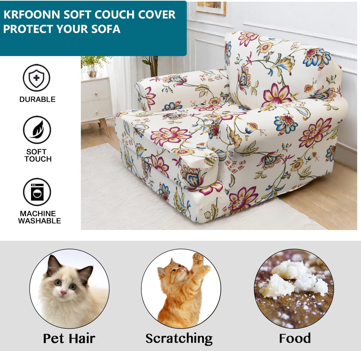 KRFOONN Stretch 2 Pieces T Cushion Chair Covers with Arms Printed Sofa Cover Armchair Slipcovers with 1 Individual T Shape Cushion Covers Furniture Protector Chair Slipcover for Living Room, A1