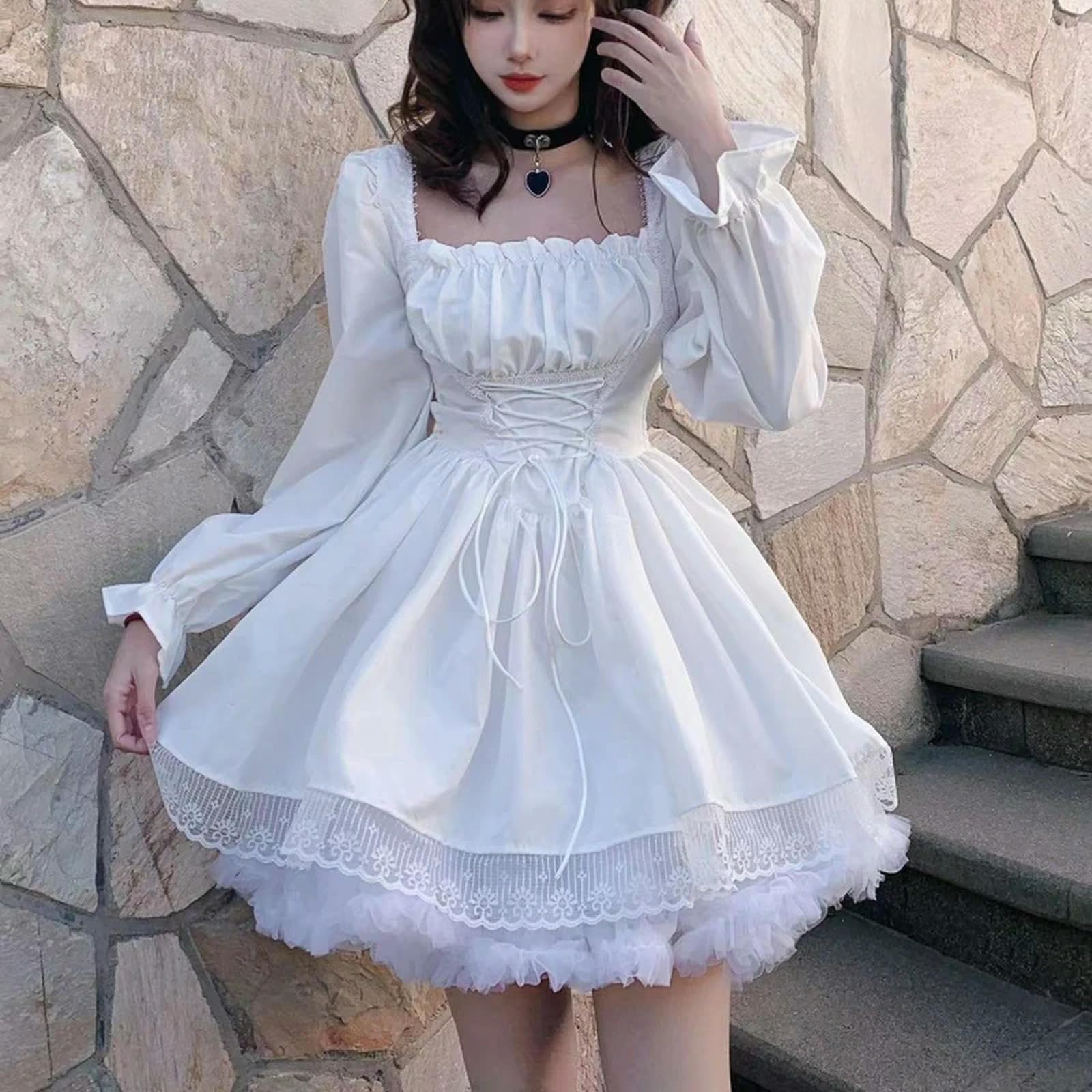 Robe Blanche à Manches Longues en Dentelle Gothique Noire Patchwork Streetwear col carré-Noir-L