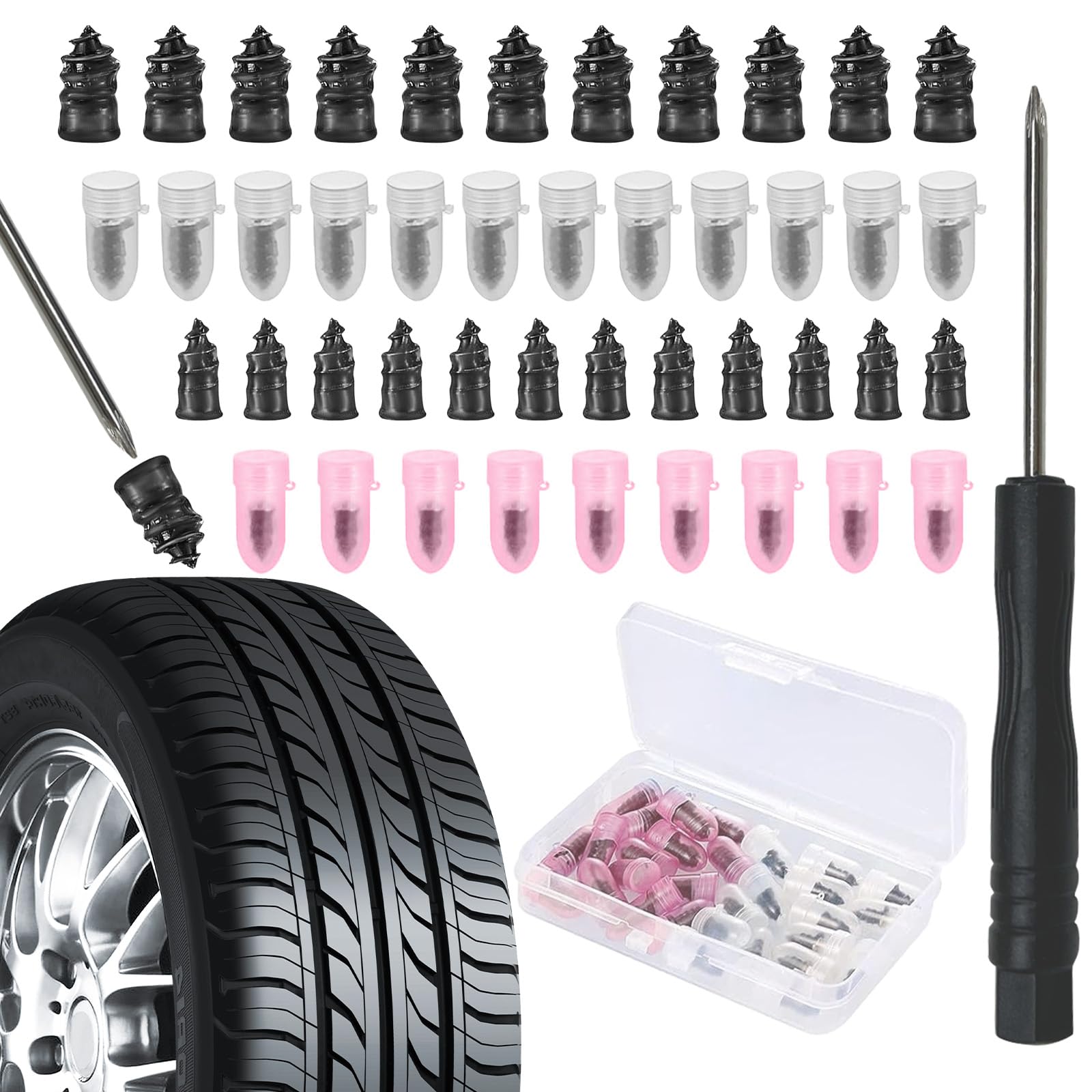 ZUOQIANG 30 Pcs Tyre Repair Kit Rubber Nails,Tire Repair Rubber Nails with  Screwdriver,Universal Tire Fast Repair Kit,Motorcycle Puncture Repair Kit